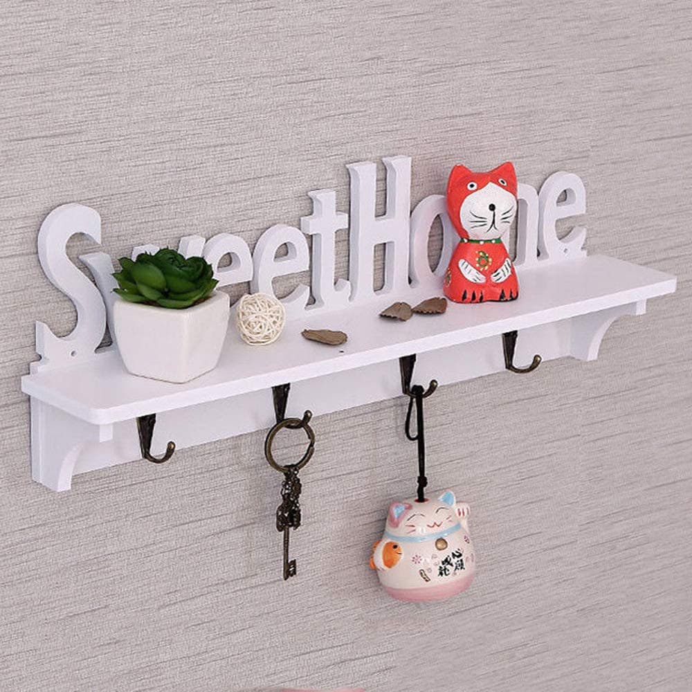 Poitemsis White Sweet Home Key Hooks Holder with Shelf(5-Hook Rack) Wooden Hanging Coat Key Holder Floating Shelves Home Office Wall Decoration
