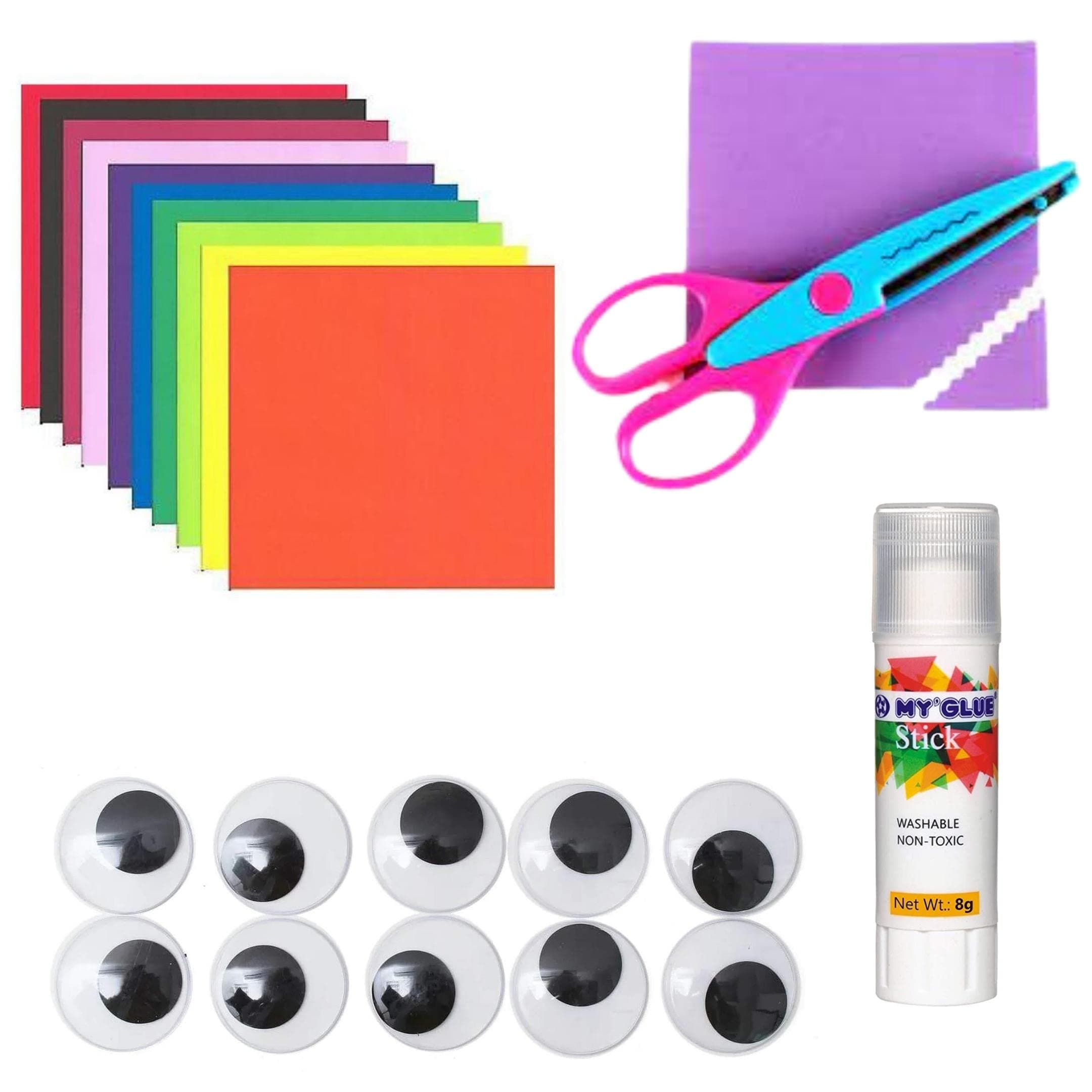 Kamal Origami Paper Craft kit with Zig zag Scissors, gluestick, and Googly Eyes for Craft Projects and DIY Projects and Fun Activities for kit