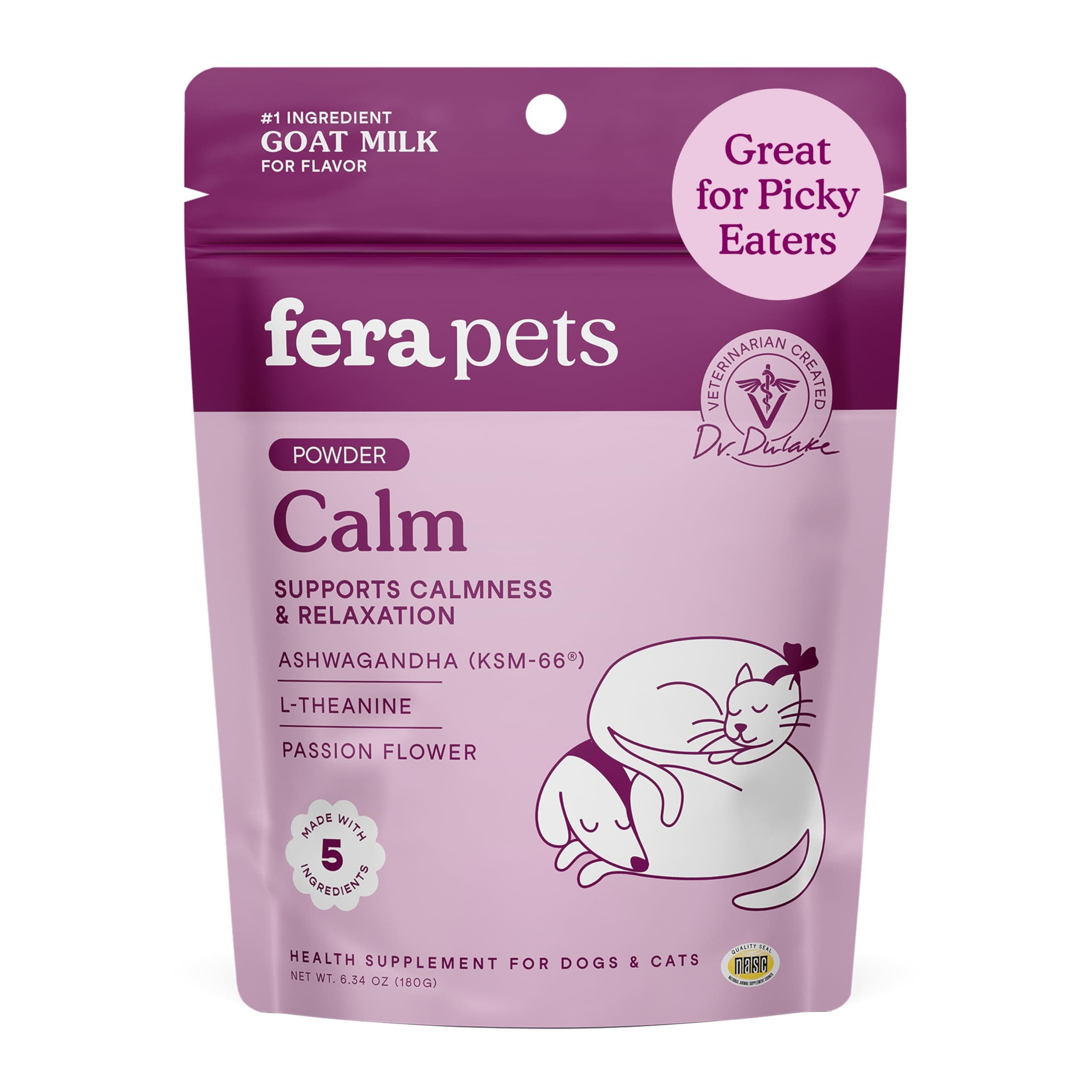 Fera Pets Goat Milk - Calming Supplement for Dogs & Cats - Ashwagandha, L-Theanine, & Passion Flower - Supports Anxiety Relief & Relaxation - for Picky Eaters - 60 TSP