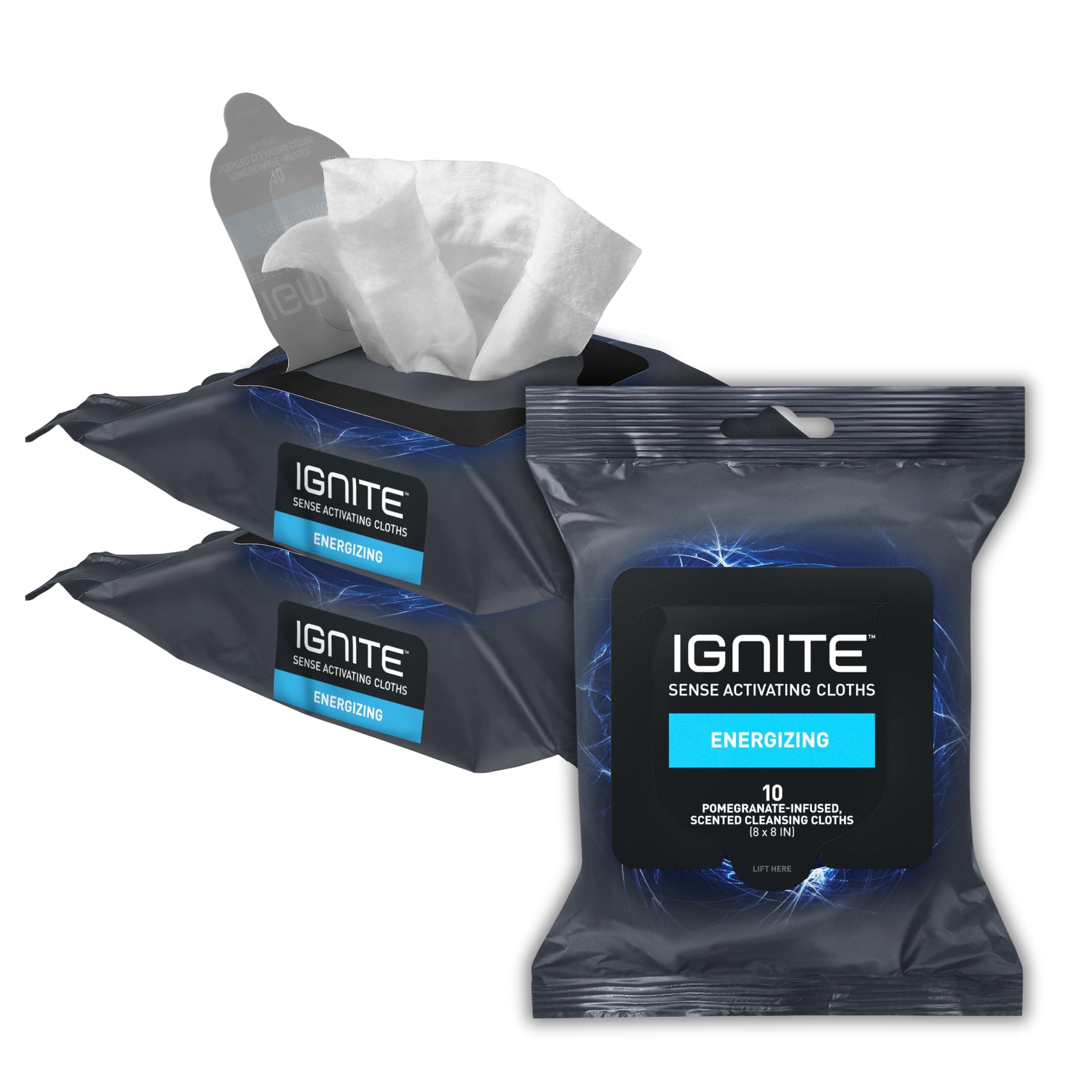 Ignite Mens Body Wet Wipes, Extra Thick 8" x 8" Shower Wipes, Energizing Scent, 10 Count (Pack of 3)