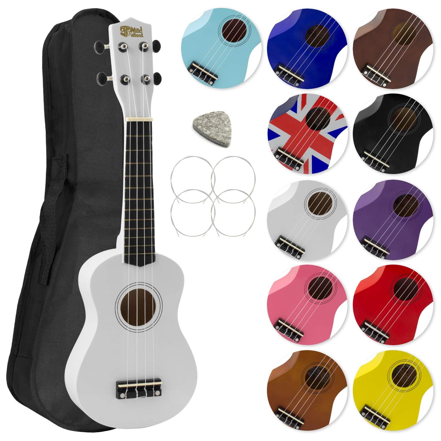 – Mad About SU8 Soprano Ukulele with FREE Gig Bag, Pick, and Spare Strings – Great for Schools and Beginners, Now With Carbon Black Strings for Improved Tuning - White