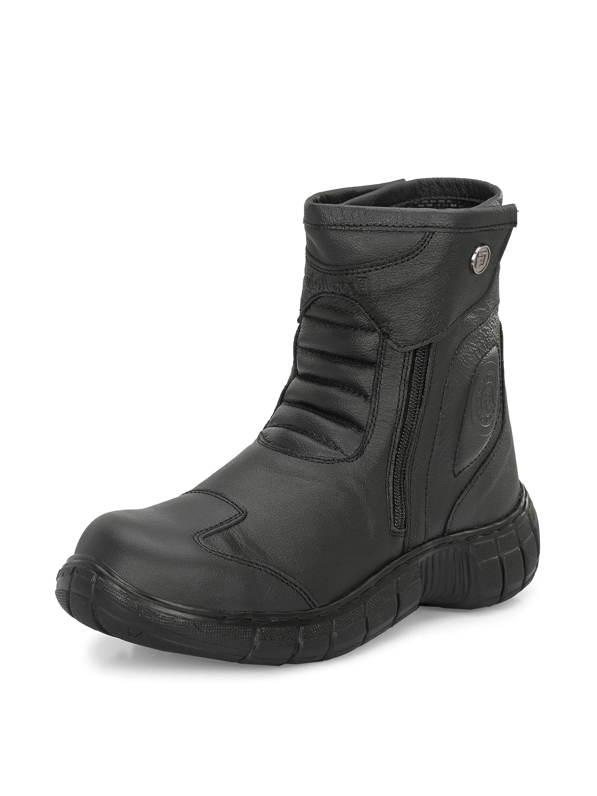 Rider-1, Water Resistant Biker boot/Motorcycle riding boot, real leather upper & anti slip sole with steel toe protection, padded in socks, 3M Reflectors,lace free and walkable with shin and ankle protection_RIDER-1-BLACK-10