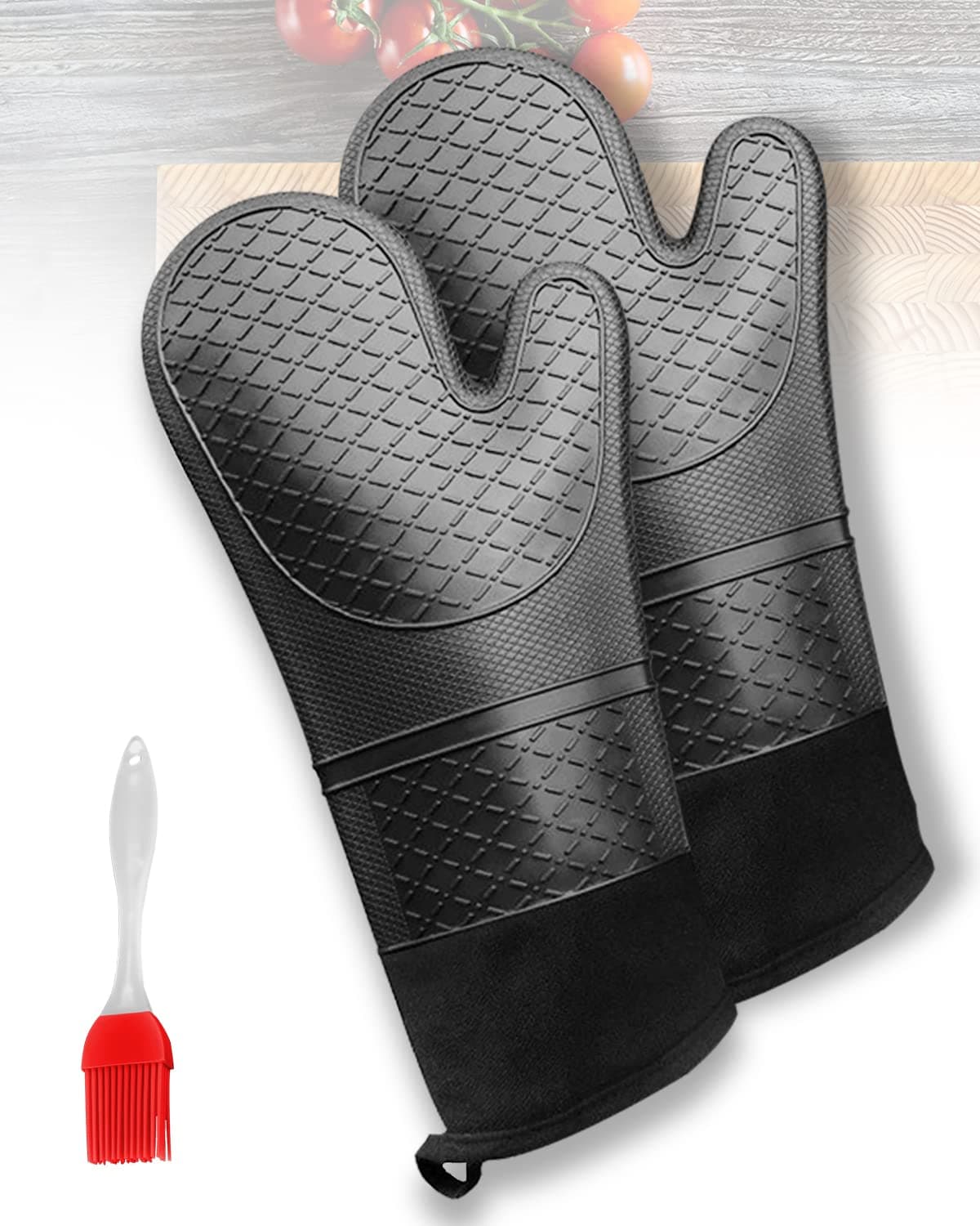 Trongle Oven Gloves Heat Resistant with Pastry Brush, Extra Long Professional Silicone Oven Gloves, Non-slip Waterproof BBQ Gloves Durable Oven Mitts for Grilling, Cooking, Baking, Barbecue (1 Pair)