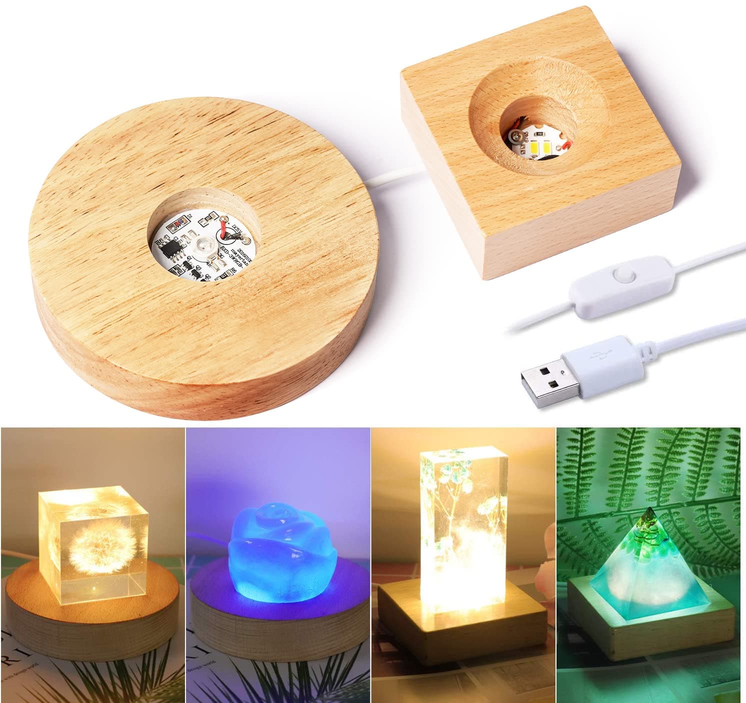 LET'S RESIN LED Lights Display Base 2PCS Wooden Lighted Base Stand for Laser Crystal Glass Resin Art