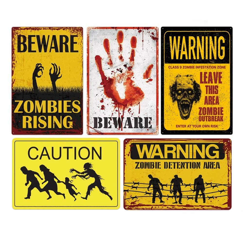 Zombie Themed Beware Warning Retro Tin Posters Halloween Signs Decor 12" x 8" (5pack)
