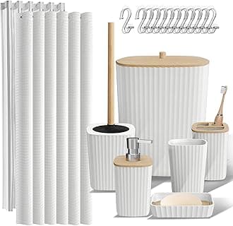 Clara Clark Bathroom Accessories Set - Bathroom Set, Bathroom Accessory Set, Shower Curtain Set, Toilet Brush, Trash Can & Soap Dispenser - White - 20PC