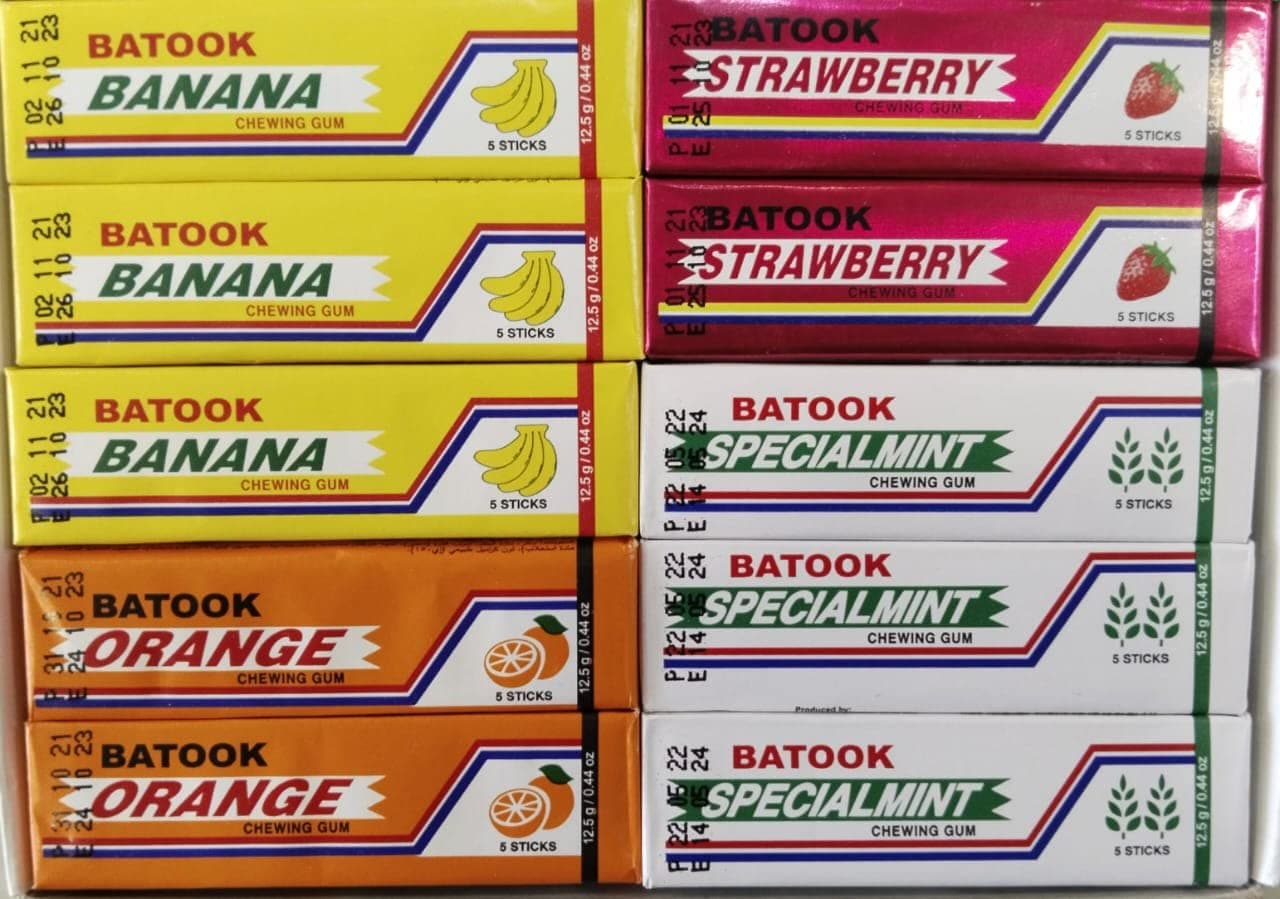 Batook Chewing Gum Variety Pack of Mix Flavours 5 Orange,5 Special Mint,5 Strawberry,5 Banana (20 X 10), 200g
