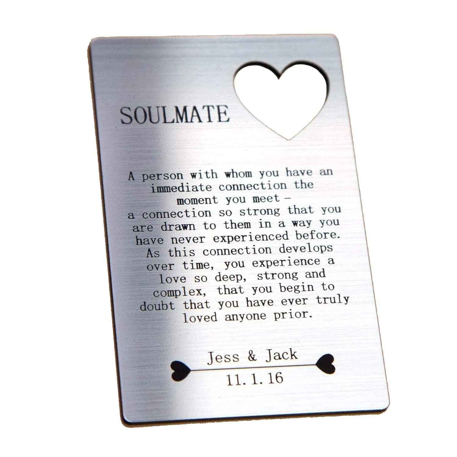 Personalised Engraved Soul Mate Quote Wallet Card Insert Love Gift for Him Her Christmas Valentines Anniversary with Heart Cut Out Design