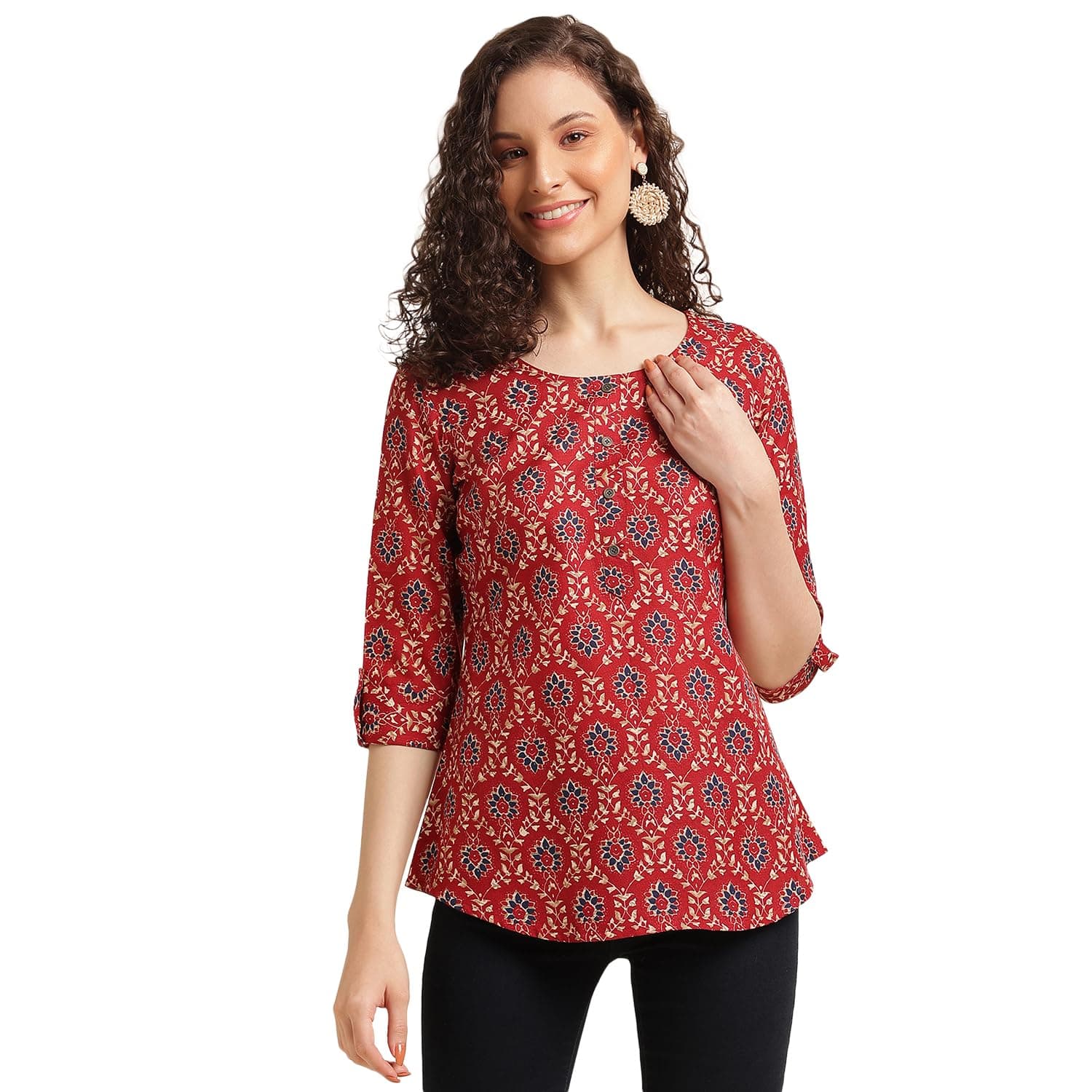 Tops for Women Printed Regular Fit Shirt, Tops for Women Stylish Latest|Office Wear Tops for Women|Cotton Blend Tops for Women|Mandarin Collar Top