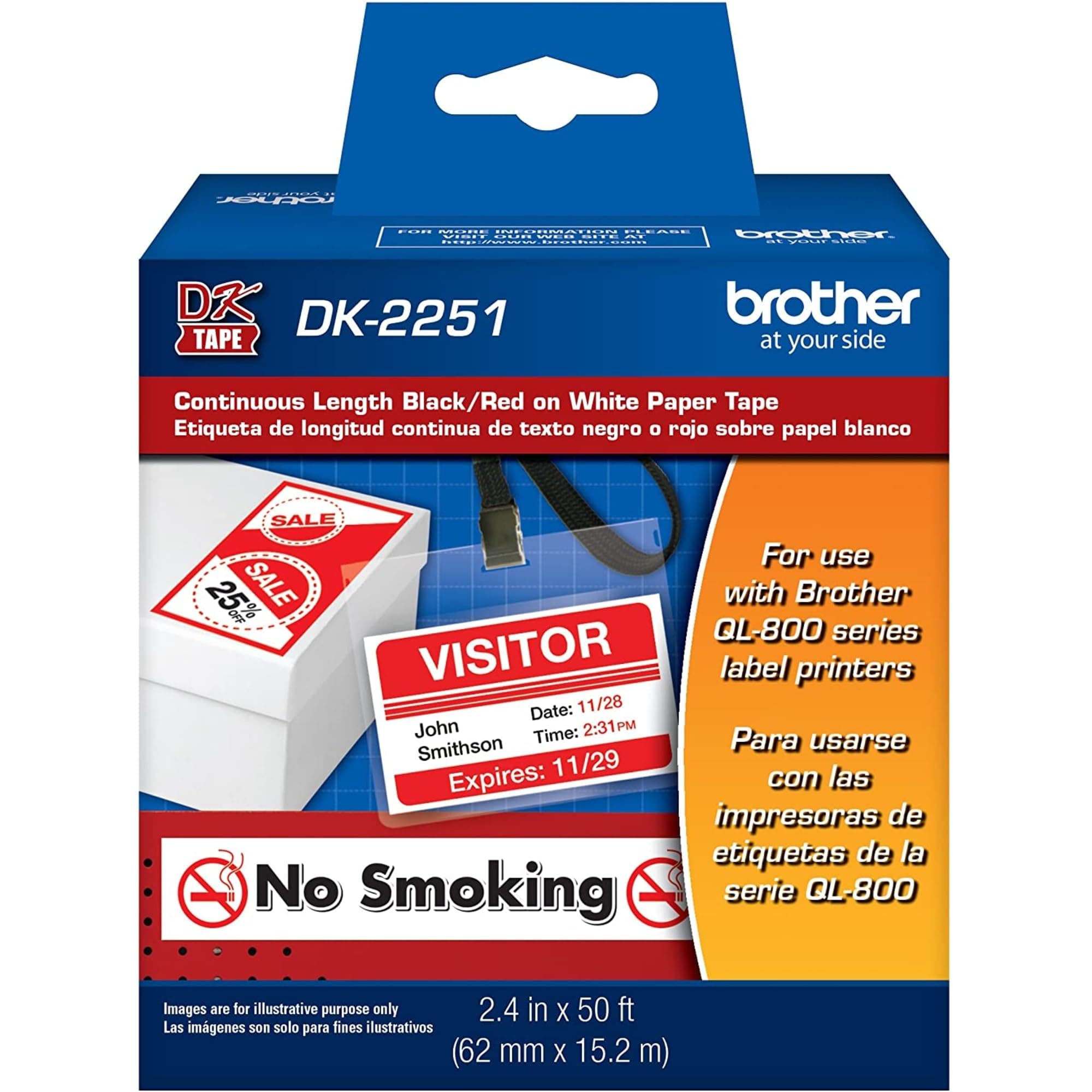 Brother DK-2251 - Black/red on white - Roll (2.44 in x 50 ft) 1 roll(s) label tape - for Brother QL-800, QL-810W, QL-820NWB