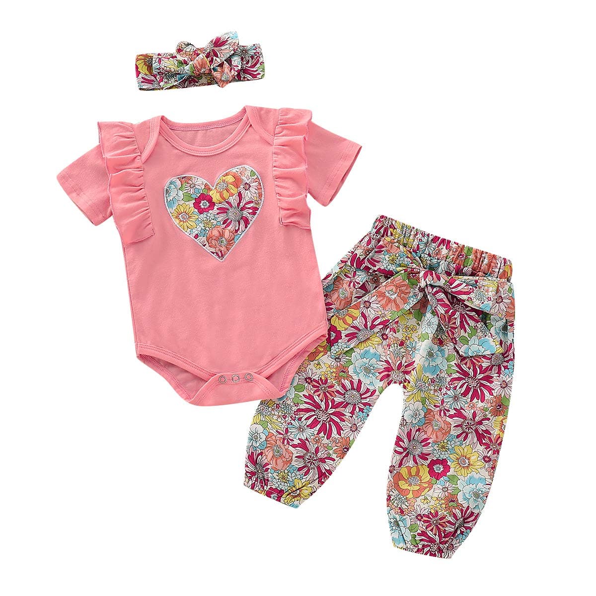 NZRVAWS Baby Outfits for Girls Summer Short Sleeve Girls Rompers with Pants and Headband Floral Heart Print Newborn Ruffle Jumpsuit Set 3-6 Months
