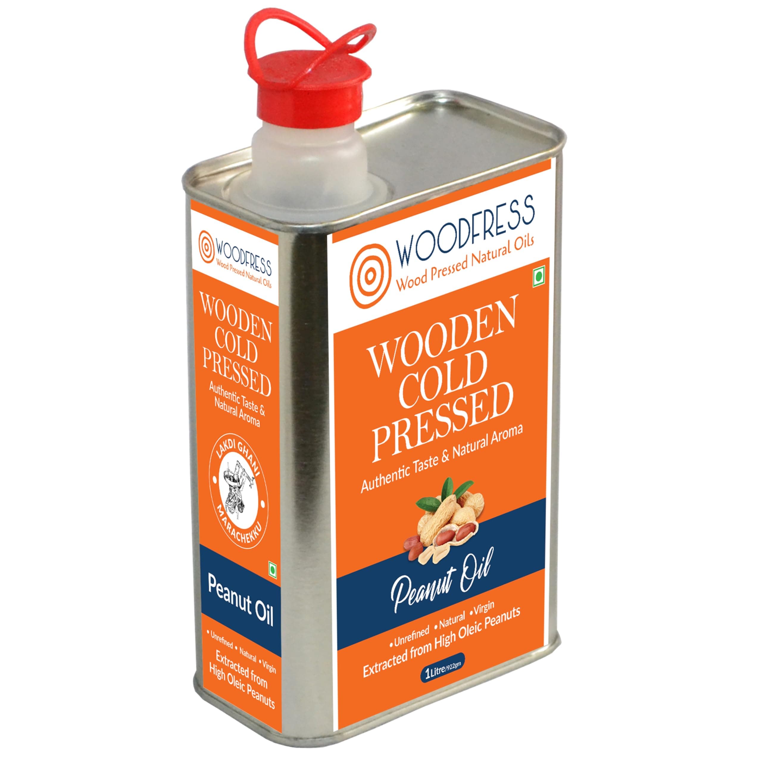 WOODFRESS Cold Pressed Groundnut Oil 1 Litre - Extracted from 3kg Red JAVA Peanuts for 1L Pure Woodpress Oil, Wood Pressed (Lakdi Ghani) Healthy Cooking Oil, Cold-pressed Peanut Oil, Metal Tin