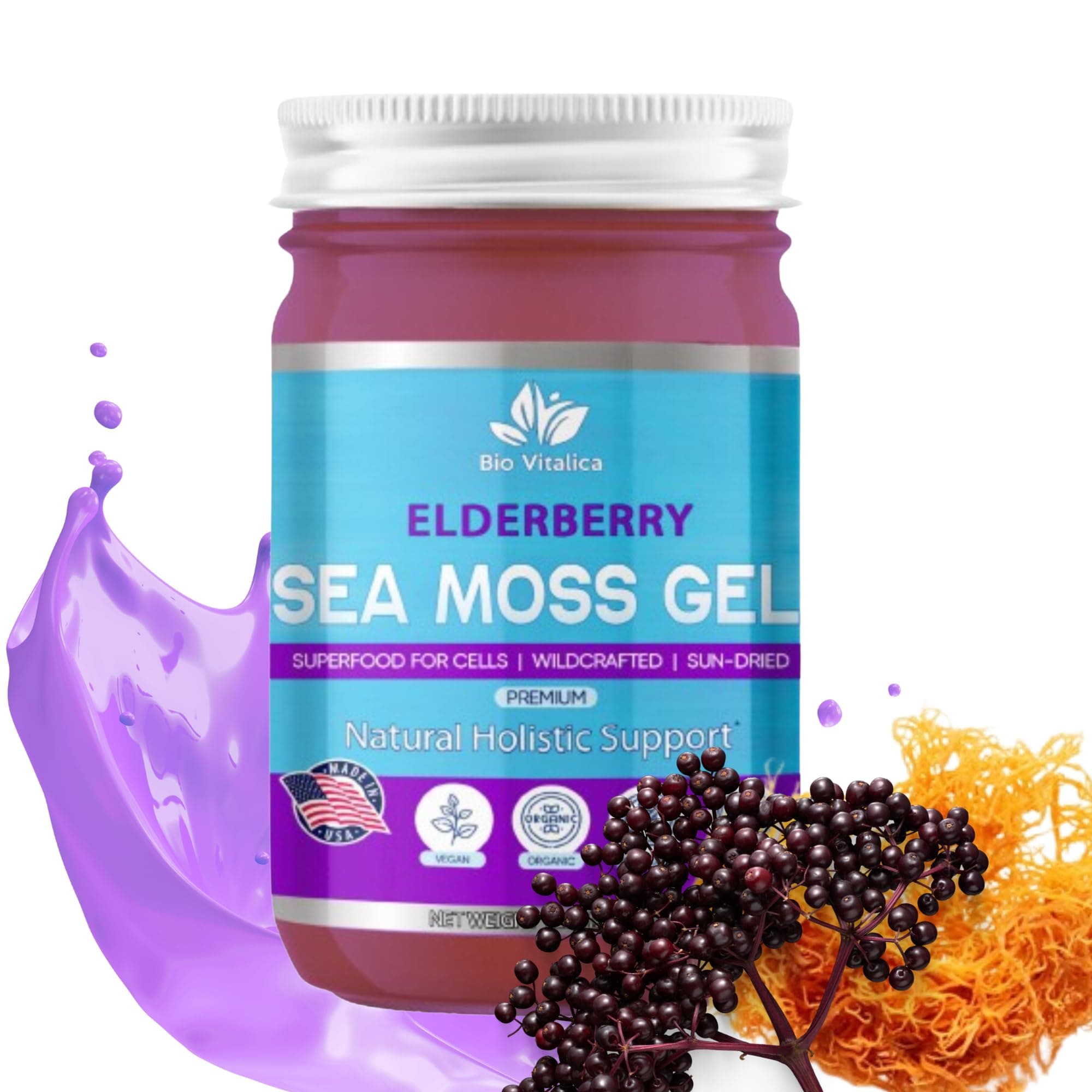 Sea Moss Gel by BioVitalica - Irish sea Moss raw Organic - Premium Quality - Dr Sebi, Vegan superfood for Cells - 100% Natural Seamoss Gel - (Pack of 1, Elderberry)