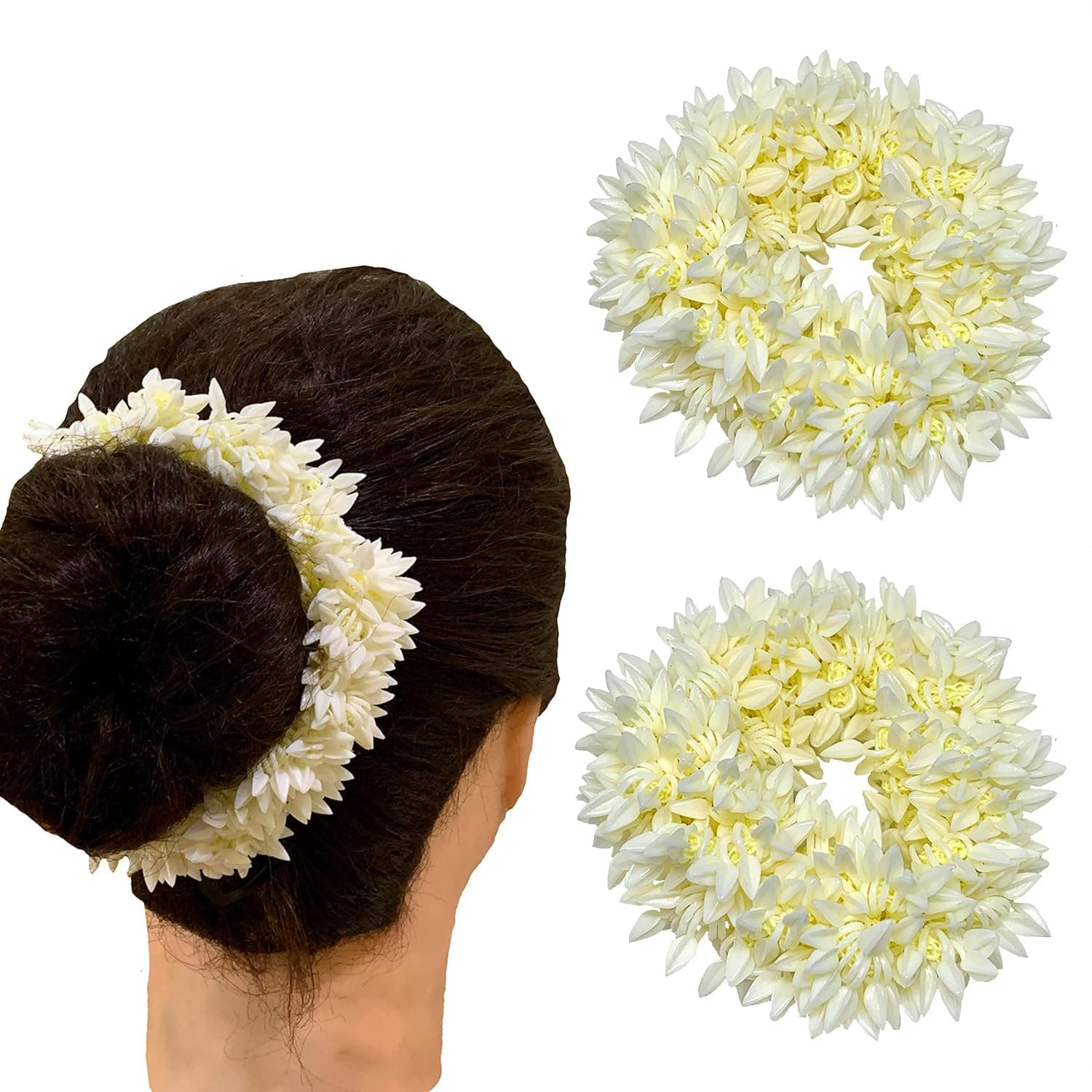 BlueQueen Traditional Indian Hair accessories White Gajra Artificial Flower Jewelry Handmade Veni tiara For Women Party Wear bridal mehndi Hair Bun / 2 Pcs