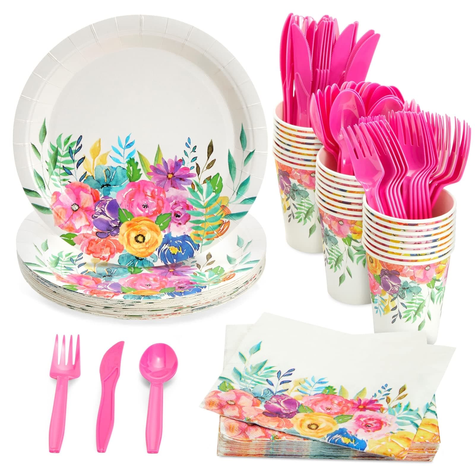 Juvale Floral Party Plate Set - 144 Pieces, 9 In Plates, 9 Oz Cups, 13 In Napkins & 6in Cutlery, Multicolor Spring - Flower Print Tableware & Event Cutlery for Tea & Birthday Celebrations