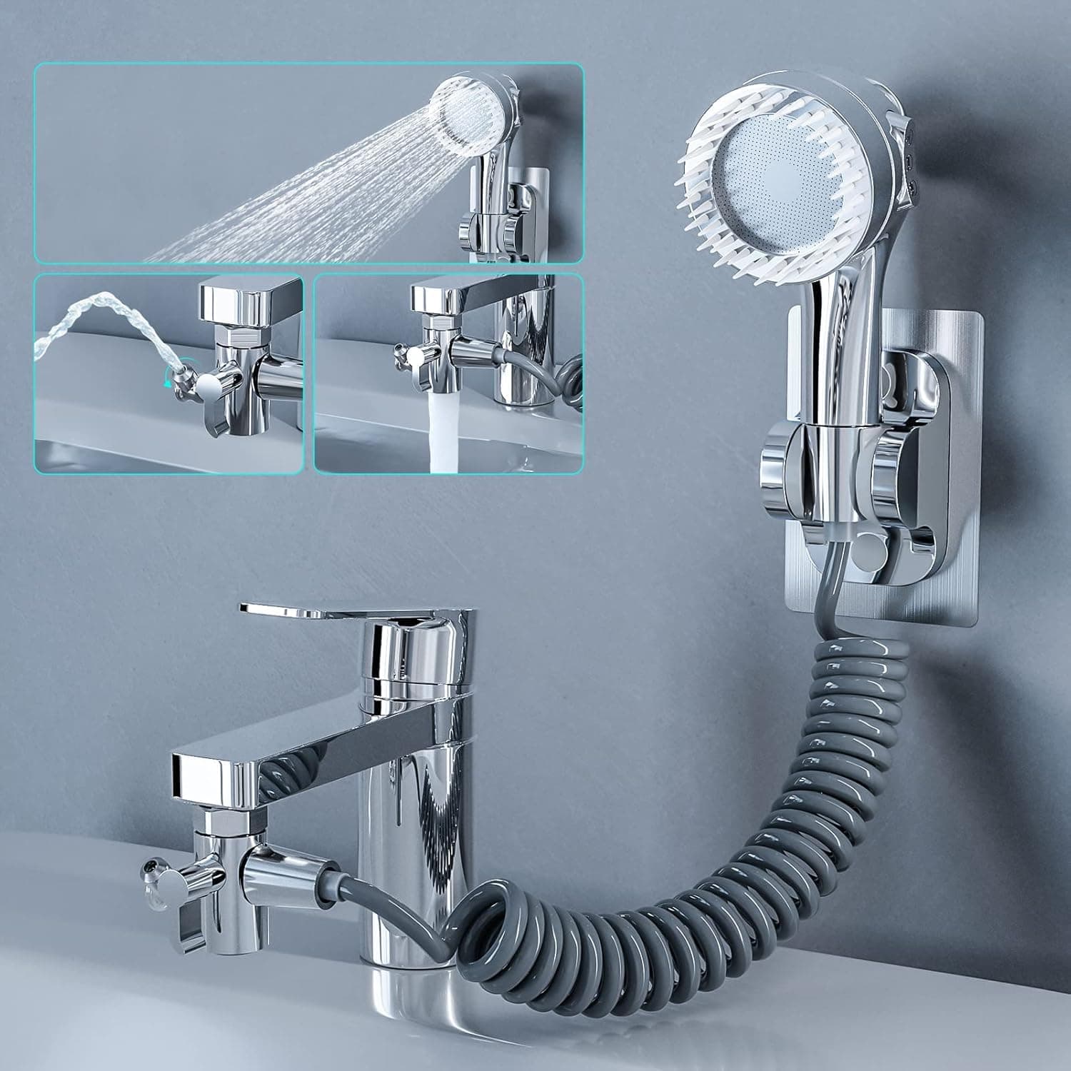 KRLZ Bathroom Sink Faucet Sprayer Set,Sink Hose Sprayer Attachment Hair Washing Faucet Extension Hand Shower Quick Connect Sink,Faucet Diverter Value with Adapter Connect for Bathroom and Utility Room