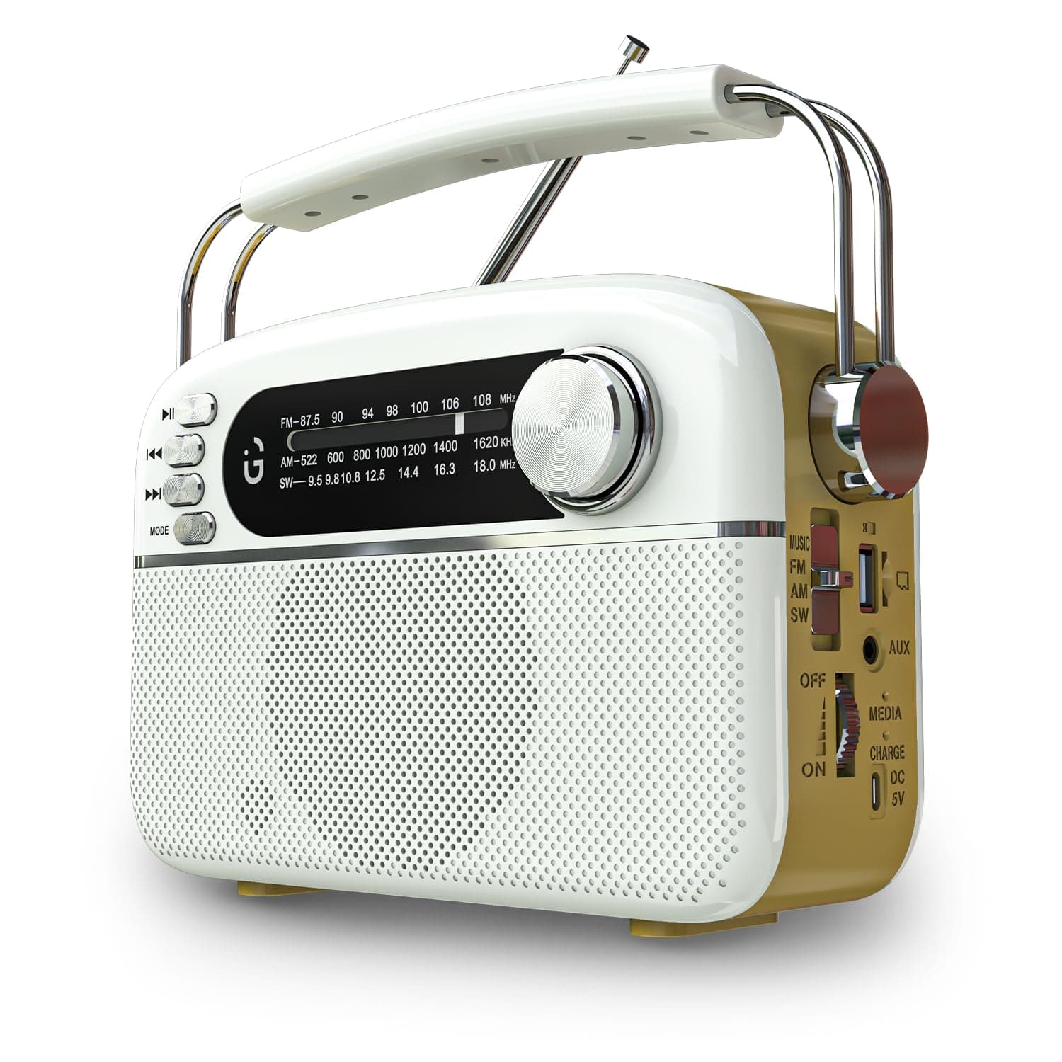 - iGear Evoke Retro Modern style Radio and MP3 player with FM/AM/SW, 3 bands, Bluetooth speaker, USB, TF/SD Card, 1200mAh rechargeable battery, Solar charger, Material ABS and Metal, Colour Pearl White and Champagne Gold, 1 Year Free replacement warranty.