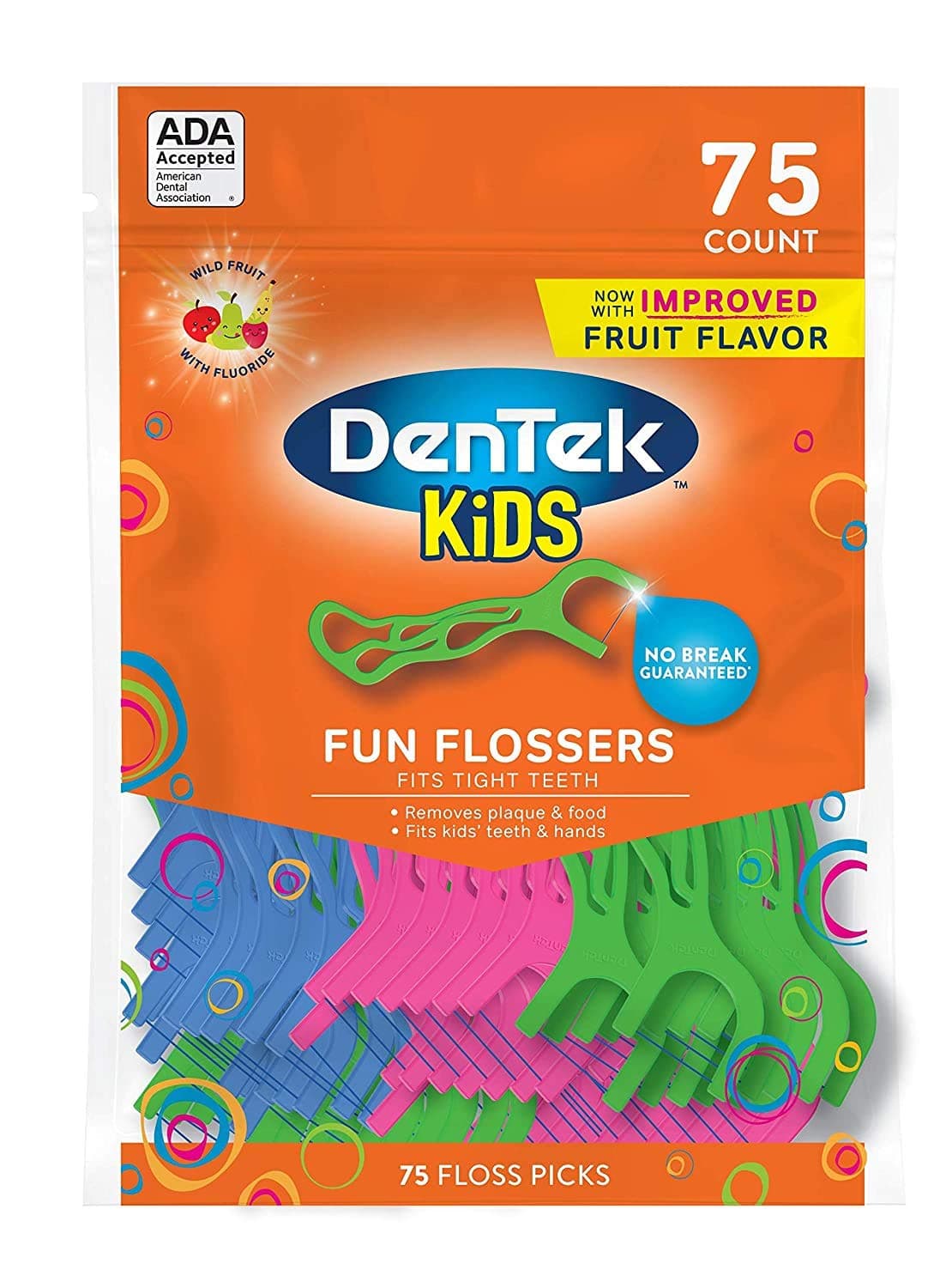 Kids Fun Flossers, Floss Picks, Mulit, Wild Fruit, 75 Count