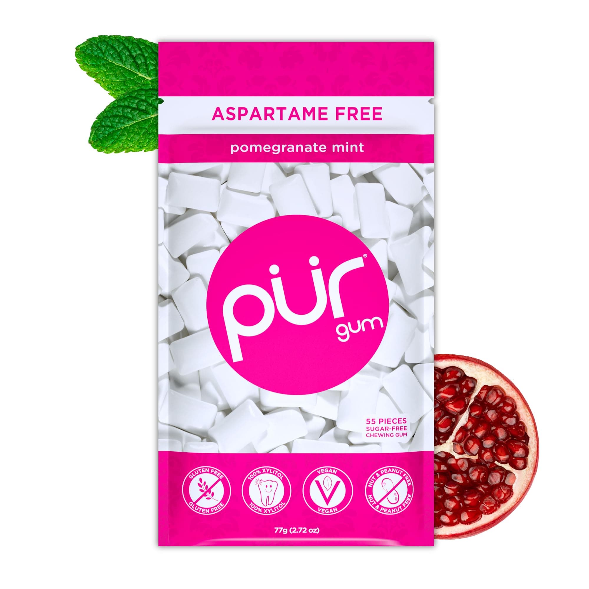 Sugar Free Chewing Gum | Made with Xylitol | Vegan, Aspartame Free, Gluten Free & Keto Friendly | Natural Pomegranate Mint Flavoured Gum, 55 Pieces (Pack of 1)