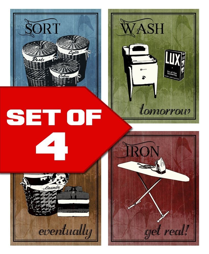 Wallables Laundry Room Wall Art! Set of Four 8 x 10 Decor Prints Great for Laundry Room, Laundromat, Wash Room. Sort, Wash, Fold & Iron. Designed Exclusively
