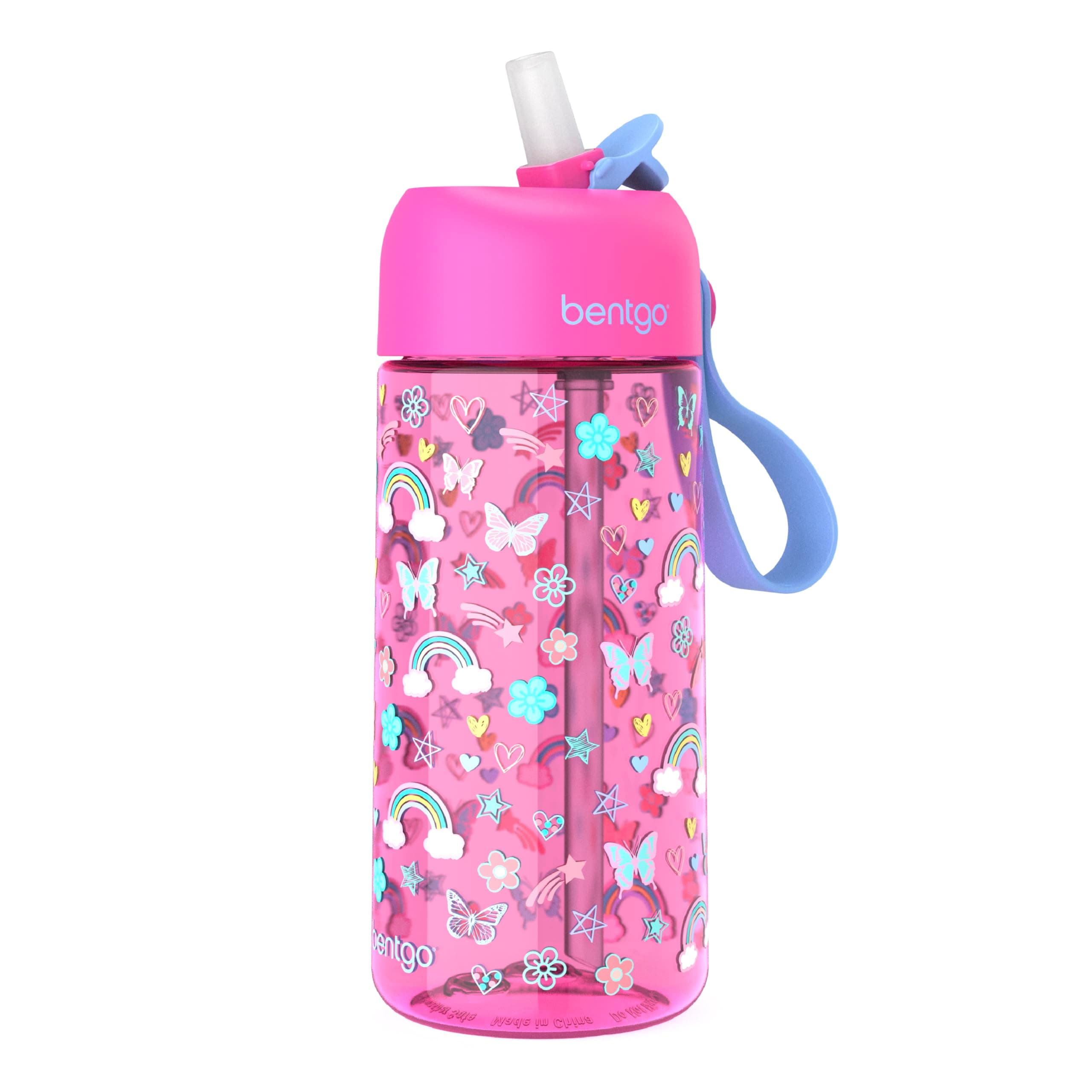 Bentgo® Kids Water Bottle - New & Improved 2023 Leak-Proof, BPA-Free 15 oz. Cup for Toddlers & Children - Flip-Up Safe-Sip Straw for School, Sports, Daycare, Camp & More (Rainbows & Butterflies)
