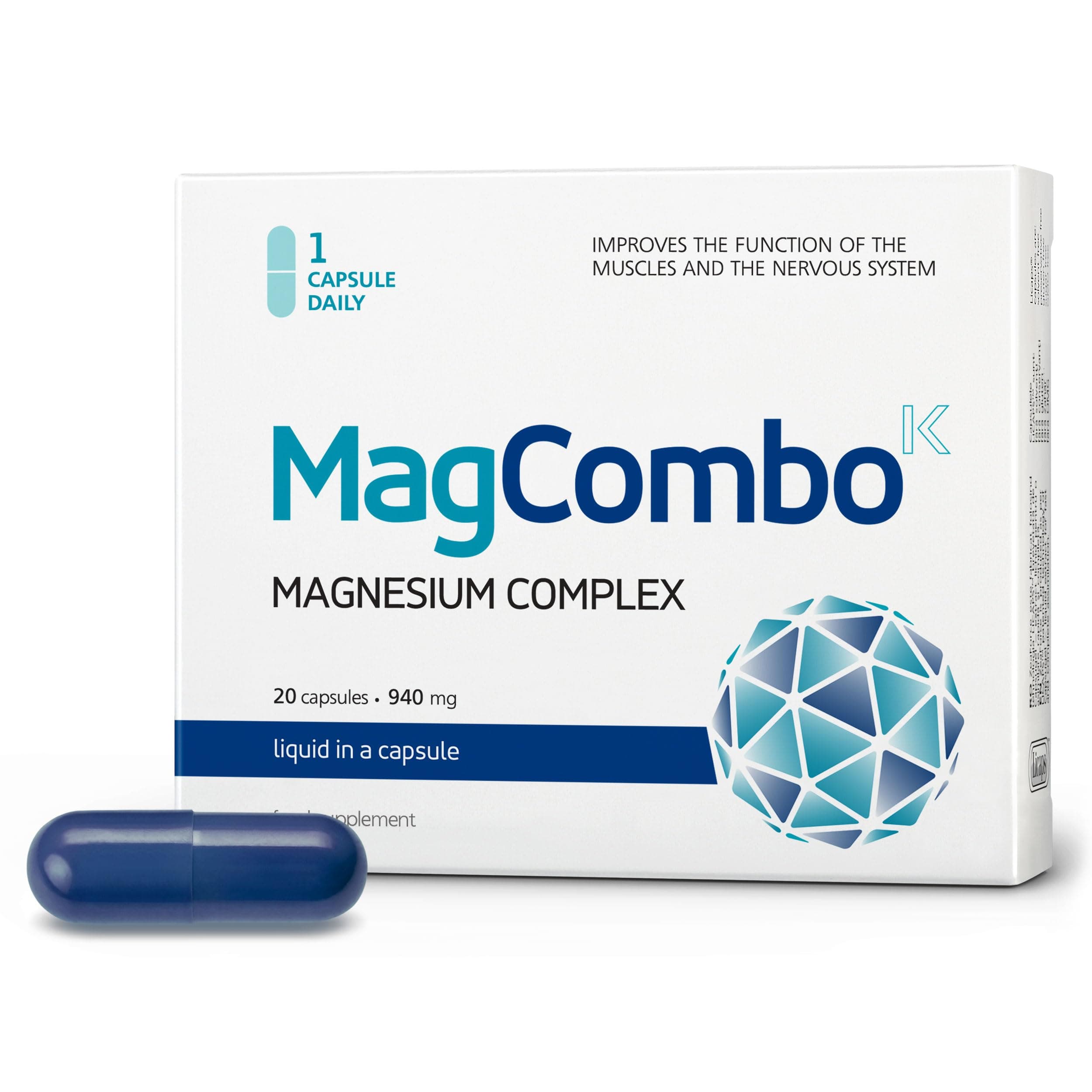 MagCombo - Concentrated Pure Magnesium, Special Oily Formula for Maximum Absorption, enriched with Vitamins B2, B6, B12 and C, 1 Capsule Daily, Laboratory Tested (20 Servings)