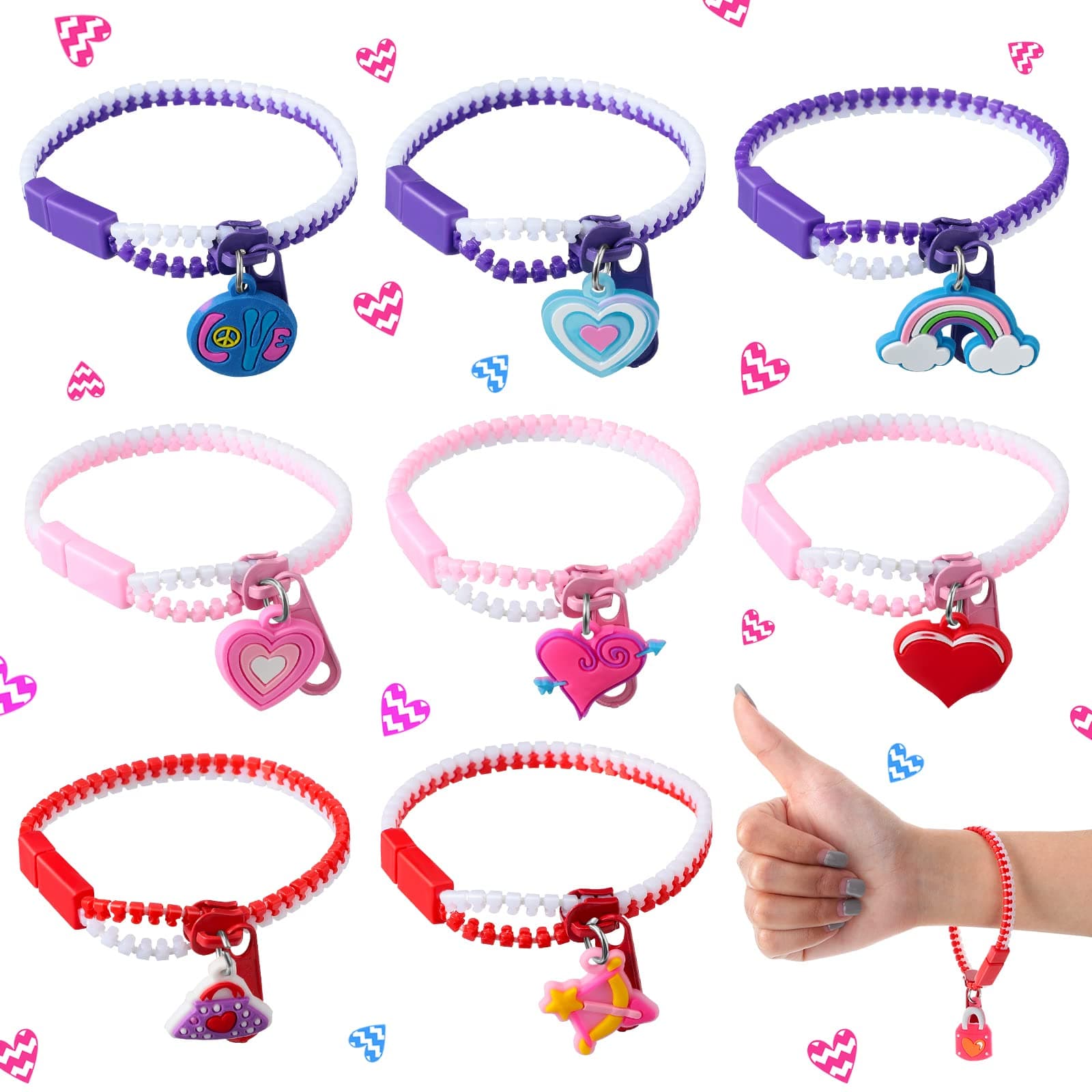 Valentine Friendship Bracelet Zipper Fidget Toys Set with Heart Shaped Pendant Party Favors Fidget Bracelet with 9 Styles Stuffers Friendship Bracelets for Valentine Party Supplies (48 Pack)