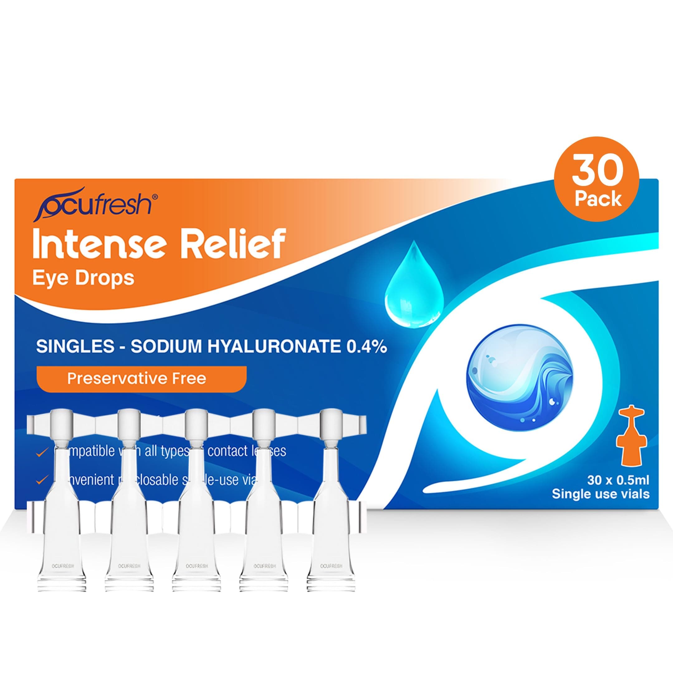 [New Launch] Ocufresh Intense Relief Eye Drops- Single dose [30x0.5ml vials] - Sodium Hyaluronate 0.4% - Advanced Care for Dry, Tired Eyes | Preservative Free | Contact Lens & Travel Friendly