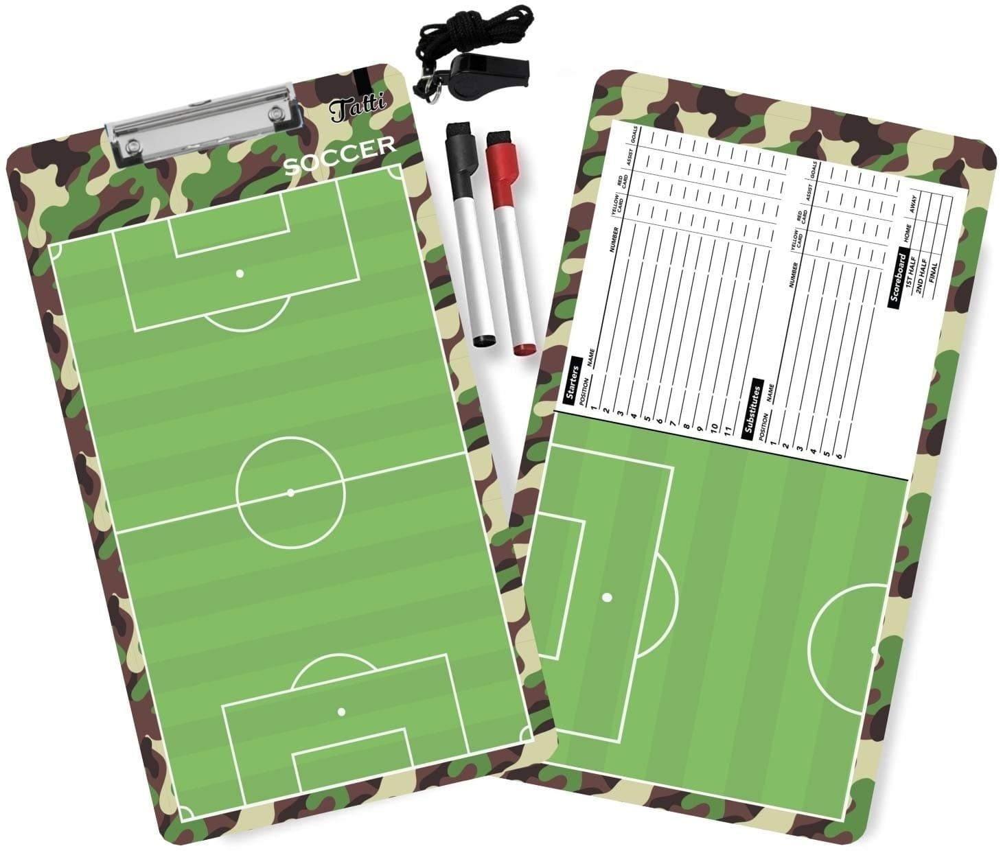 TATTI Coaches Clipboards Double Sided Premium Coaching Board with Dry Erase Markers and A Whistle : Choose Form Basketball and Soccer Coaches Boards (Navy Green)