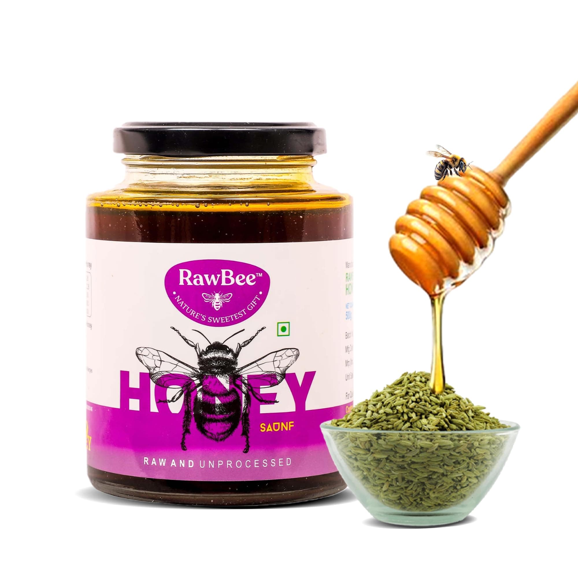 RAWBEE Honey 100% Pure Unprocessed Raw Natural Honey 500 gm NABL Tested Wild Forest Honey Unpasteurized Unfiltered Zero Additives | Zero Added Sugar | For Stronger Immunity (Saunf, 500gm)