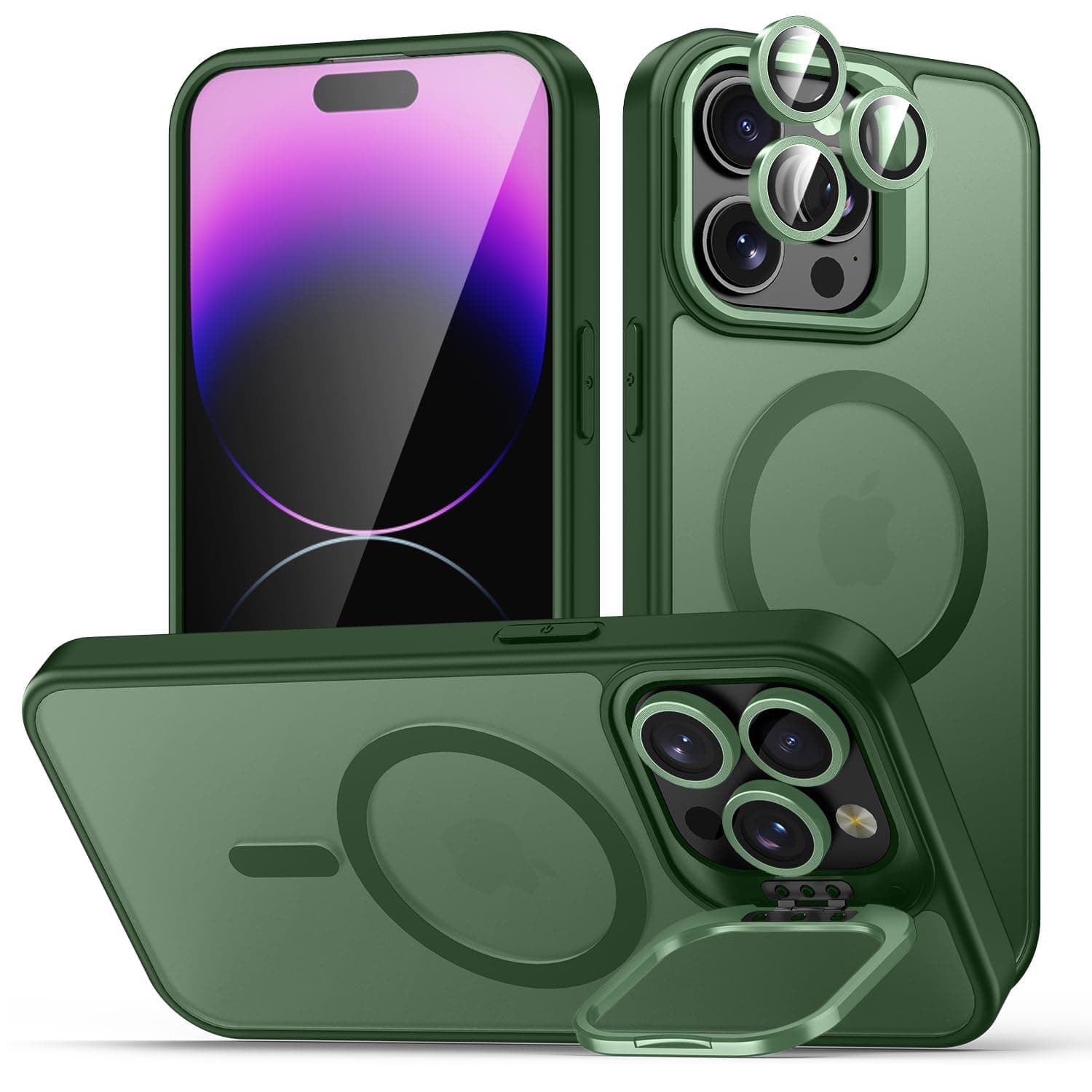 for iPhone 14 Pro Max Case, Compatible with MagSafe, Built-in Camera Ring Stand, with Individual Camera Cover, Translucent Matte Military-Grade Drop Protection Magnetic Case, Green