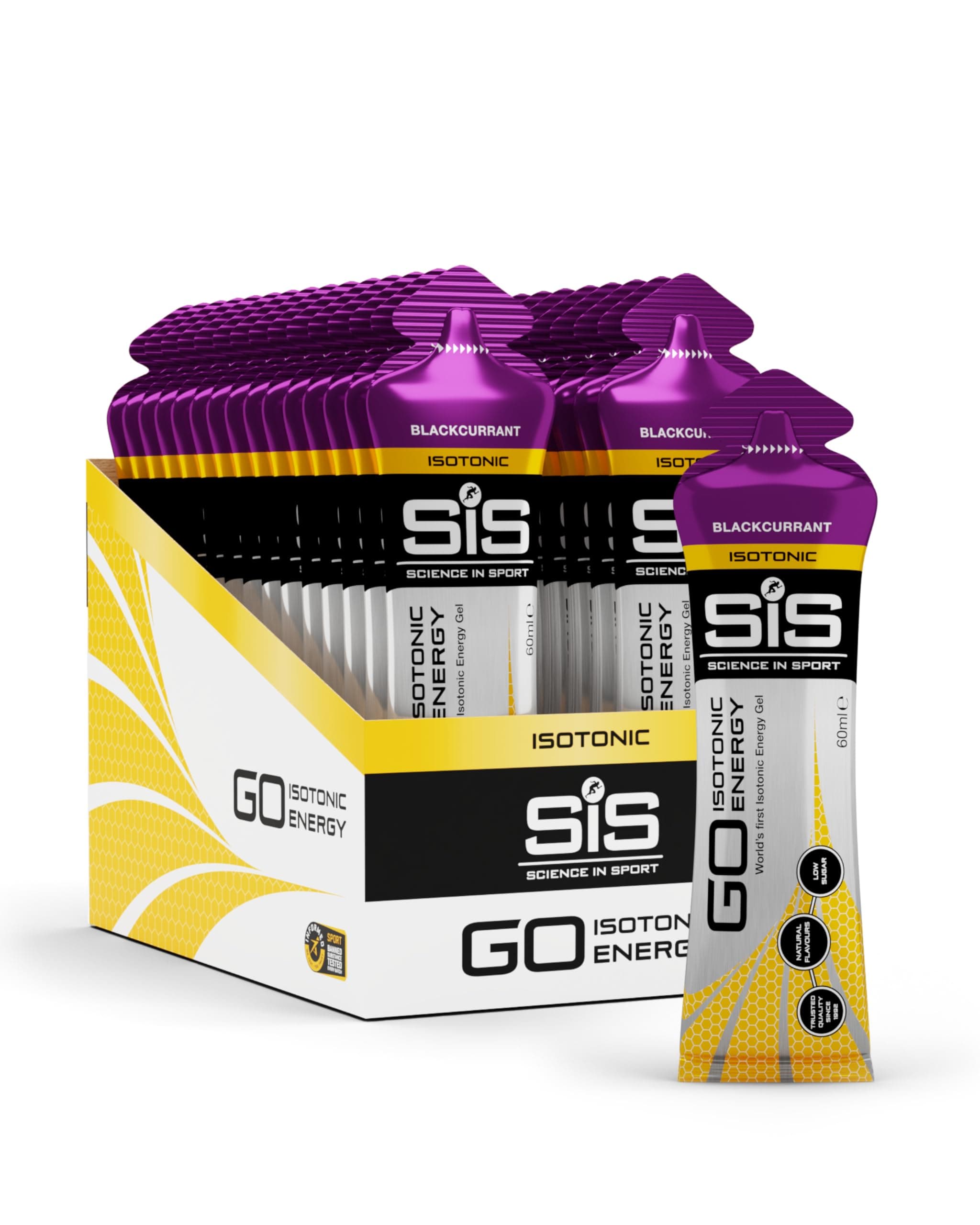 GO Isotonic Energy Gels, Running Gels with 22g Carbohydrates, Low Sugar, Blackcurrant Flavour, 60ml Per Serving (30 Pack)