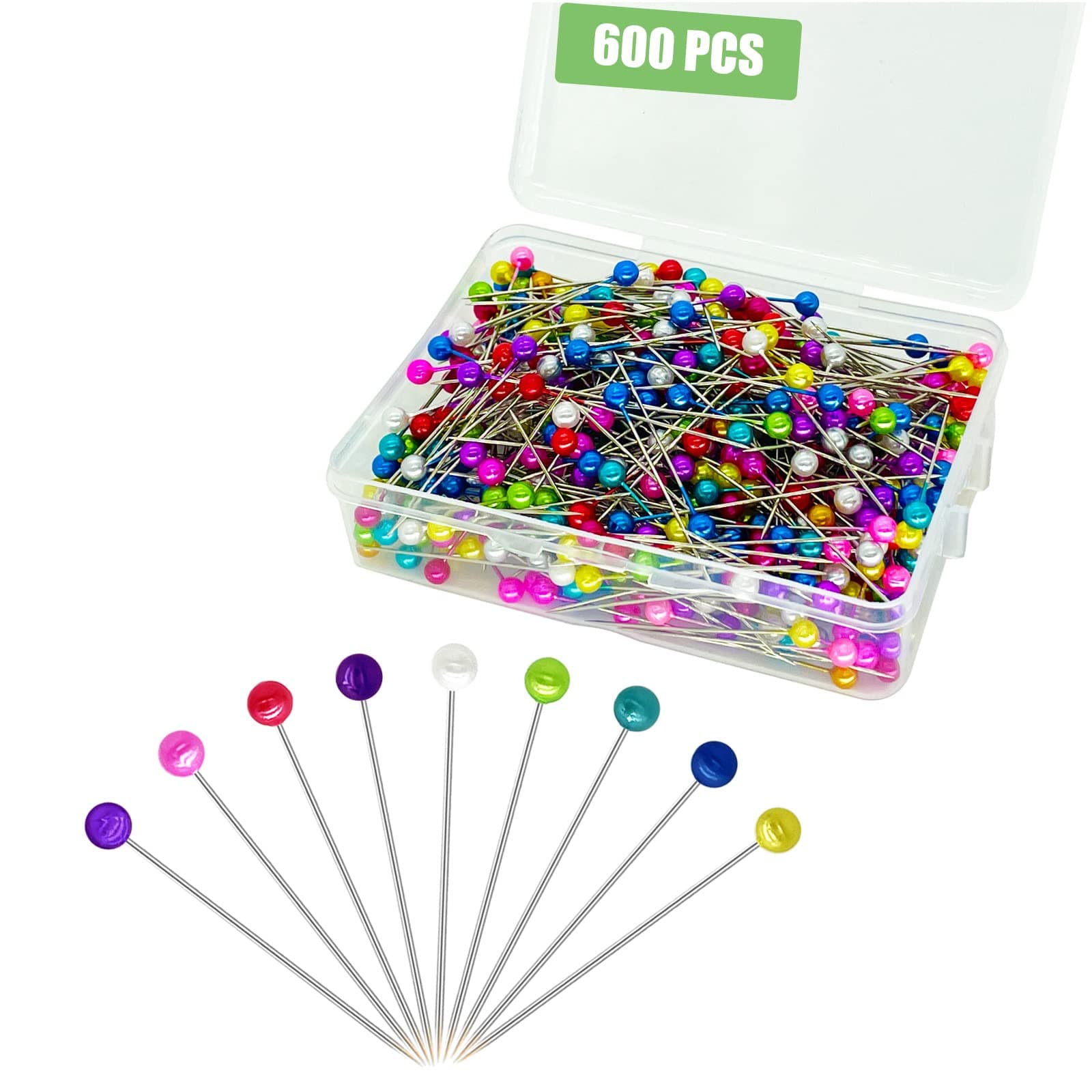 Sunenlyst 600PCS Multicolored Straight Pins, Stainless Steel, Glamorous Style, Pearlized Ball Head, 1.5inch, Sewing, Quilting, Craft, DIY