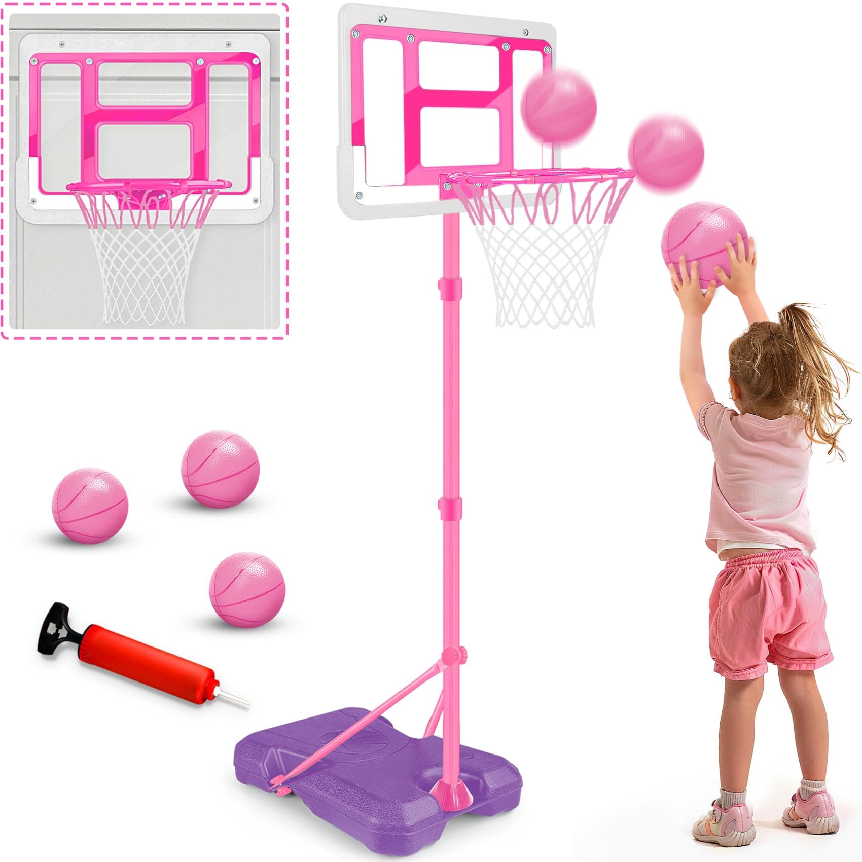 Kids Basketball Hoop with Stand, Adjustable Basketball Set, Toddler Basketball Toys for Boys Age 3 4 5 6 7 8, Indoor Outdoor Backyard Sport Game Gifts Pink