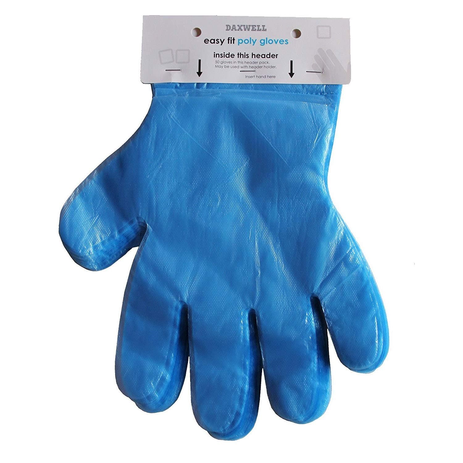 Daxwell Poly Gloves, Easy-Fit Food Prep Gloves, Header Gloves, One Size Fits All, Blue, With Wall Mount, F10003538 (Case of 1,000, 20 Cards of 50)