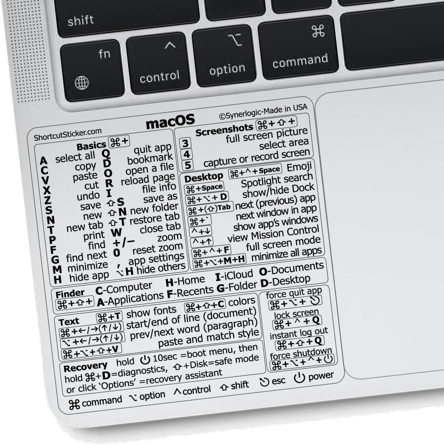 SYNERLOGIC Mac OS (Big Sur/Catalina/Mojave) Keyboard Shortcuts, Clear Vinyl Sticker, No-Residue Adhesive, Size 3.25â€Âx 3.25â€Â, Compatible with Any MacBook Air Pro with M1 or Intel CPU
