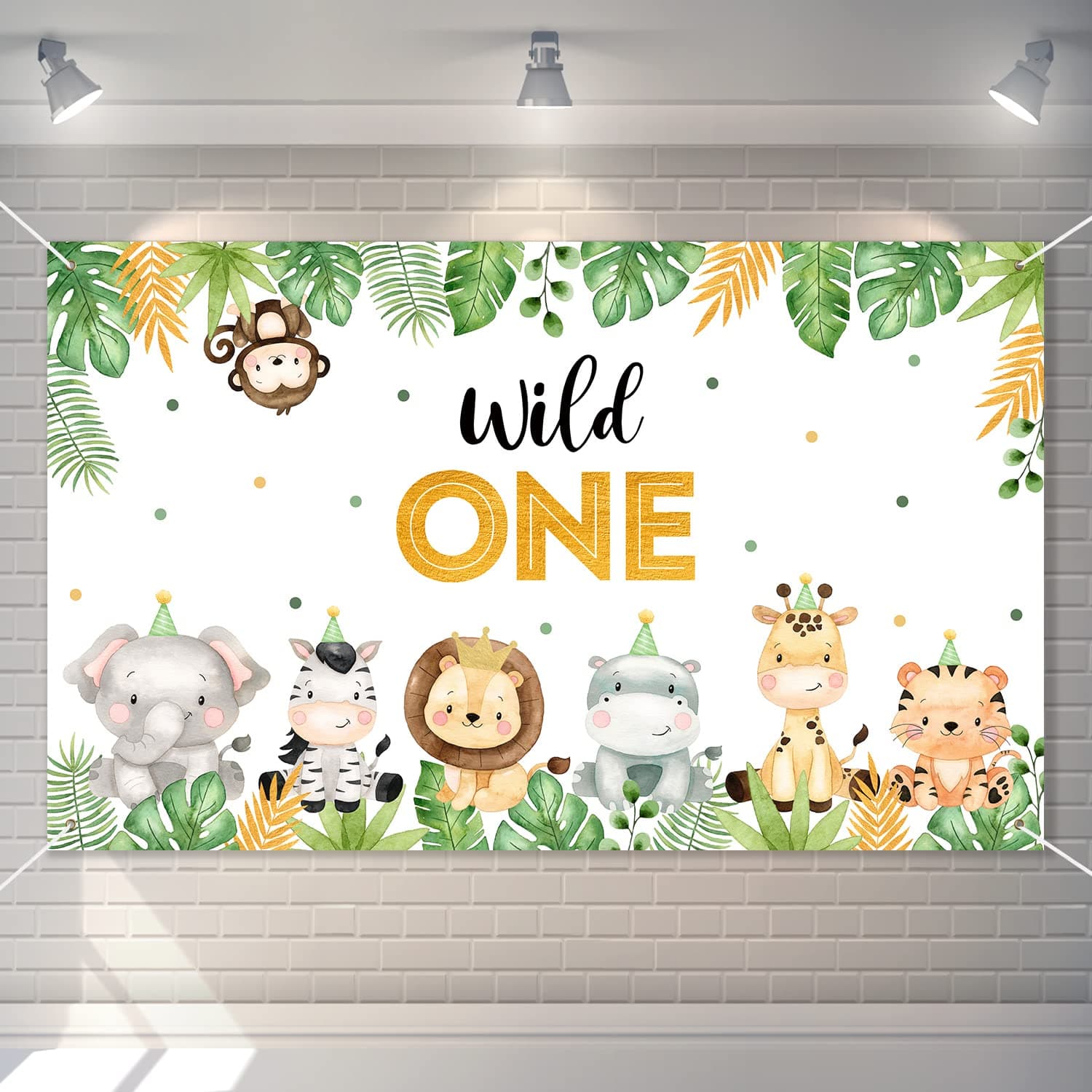 Wild One Backdrop Banner Birthday Decorations for Boys,Large Size 3 x 5Ft Jungle Safari Cute Animals 1st First Party Supplies Green