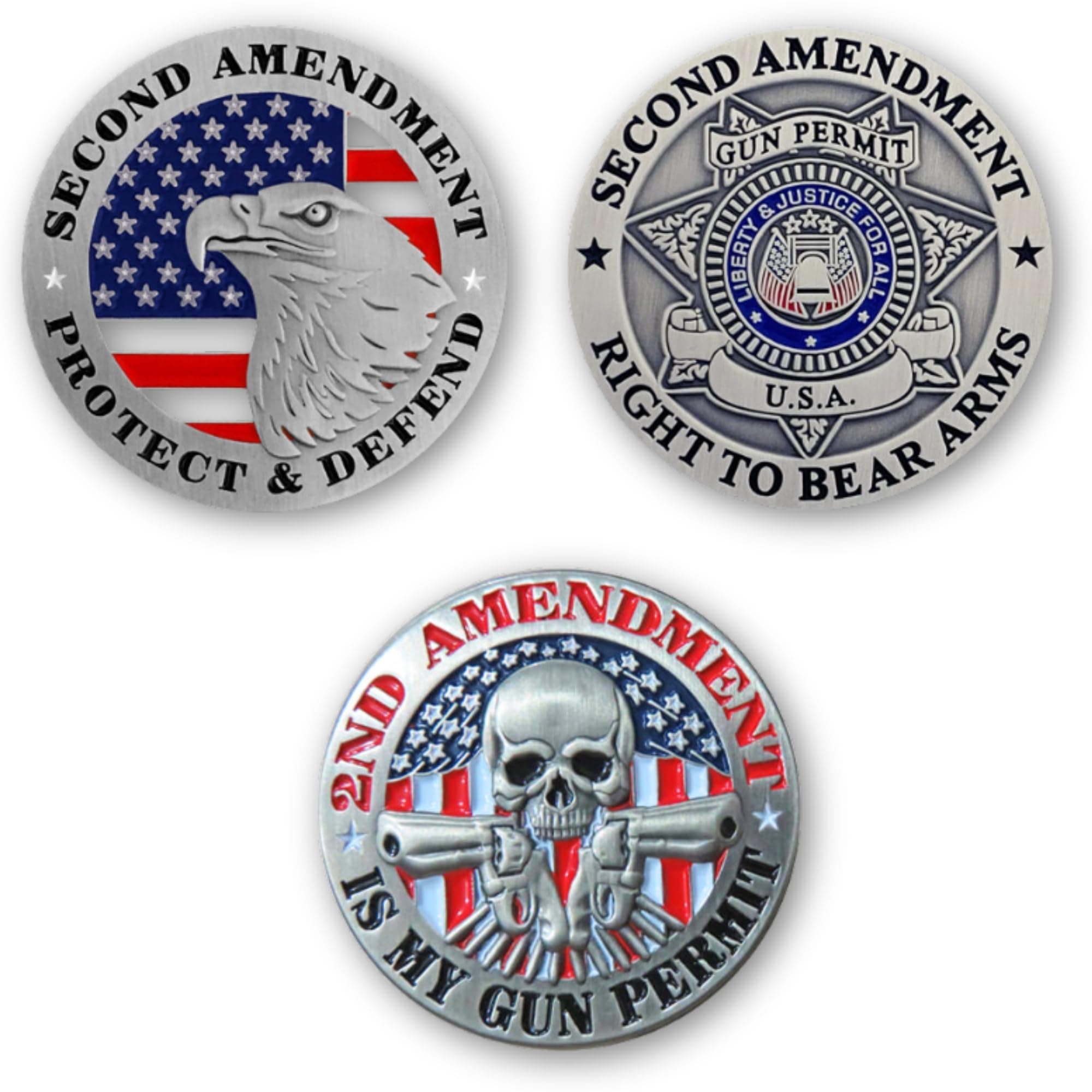 Second Amendment Pins - Patriotic Right To Bear Arms - 3 Piece Lapel Pin Collectible Set