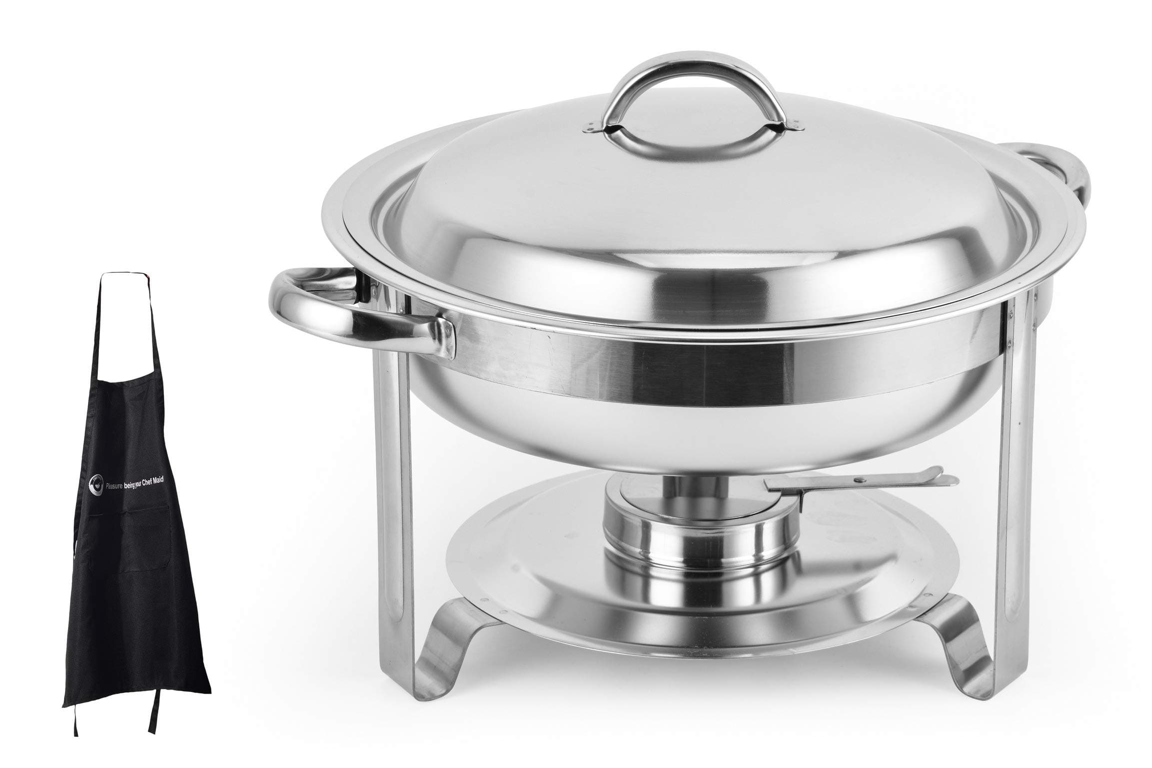 ChefMaid 4 Qt Round Chafing Dish Stainless Steel Chafer Set And Apron - Buffet Food Warmer Durable, Shiny Silver, Keeps Food Warm In All Catered Events