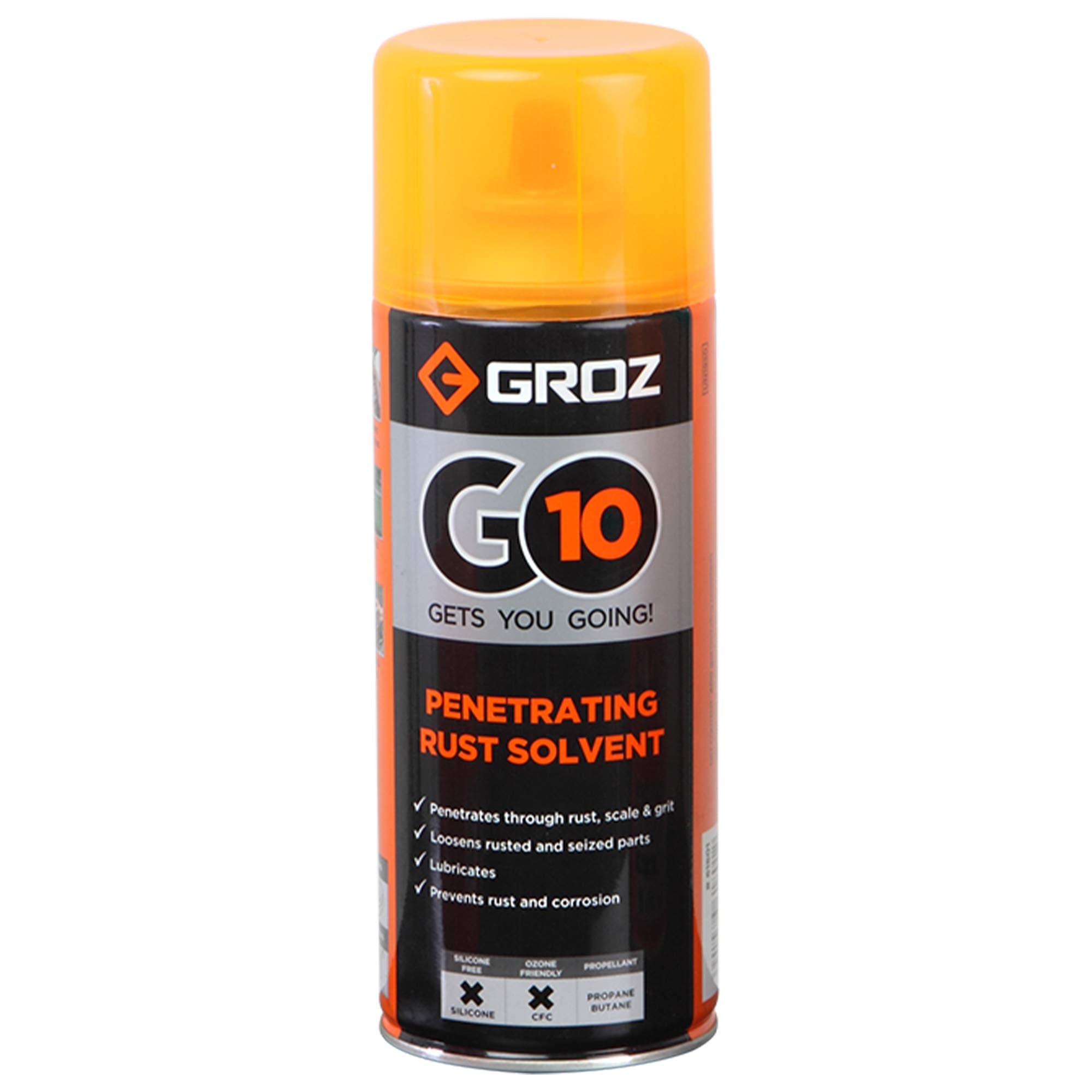 GROZ Penetrating Rust Solvent Spray| Ideal for releasing & loosening jammed nut, bolts, fitting, joints etc.|360° Nozzle | Rust Protection| Silicon Free | Ozone Friendly| Capacity: 400 gms| GO10