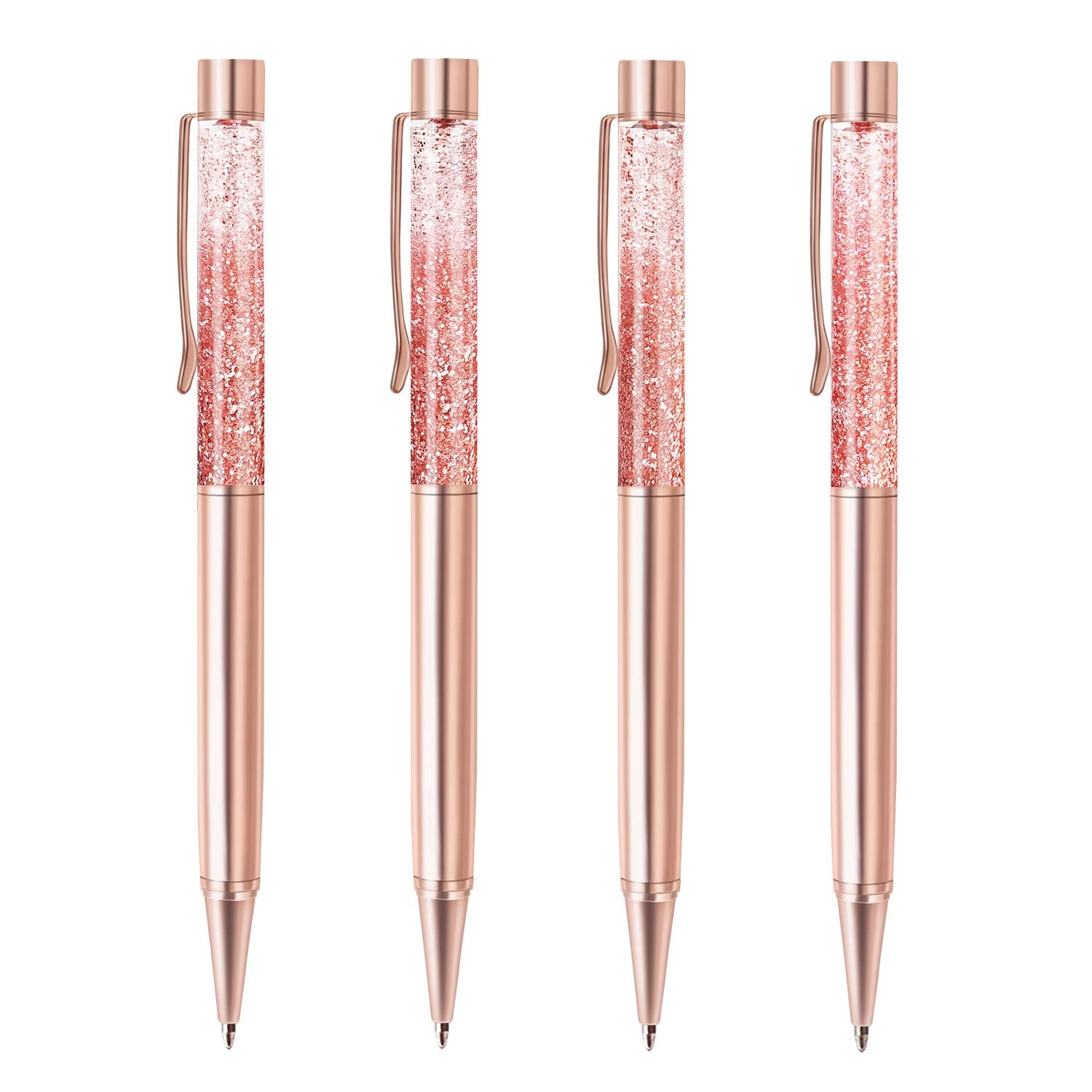 LONGKEY 4PCS Ballpoint Pens Bejewelled Ballpoint Pen Dynamic Liquid Quicksand Pen Rose Golden Metal Pen Office and School, Including 4Pen Refills.