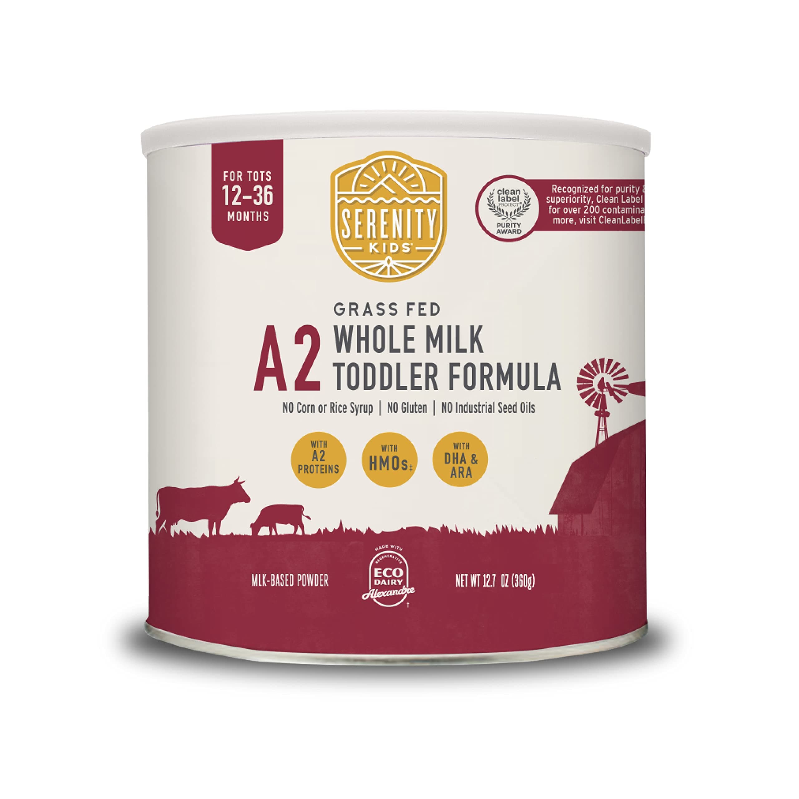 Serenity Kids 12+ Months A2 Whole Milk Toddler Formula Powder - Grassfed Formula With HMOs - Clean Toddler Protein & Easy Digestion - Powdered Milk with DHA & ARA - 12.7 Oz, 1 Pack