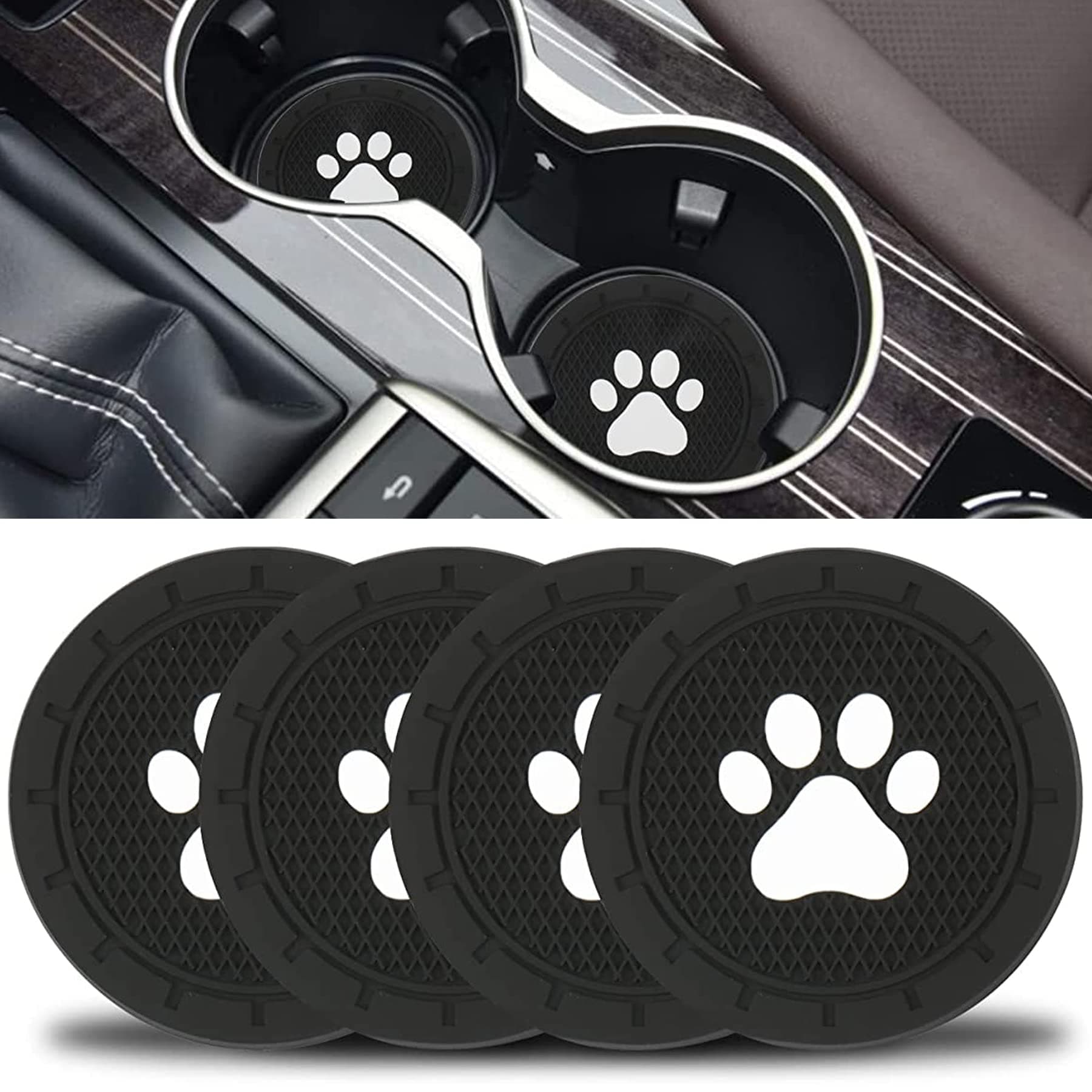 JUSTTOP PVC Paw Car Coaster, 4PCS Universal Anti Slip Cup Holder Insert, Black