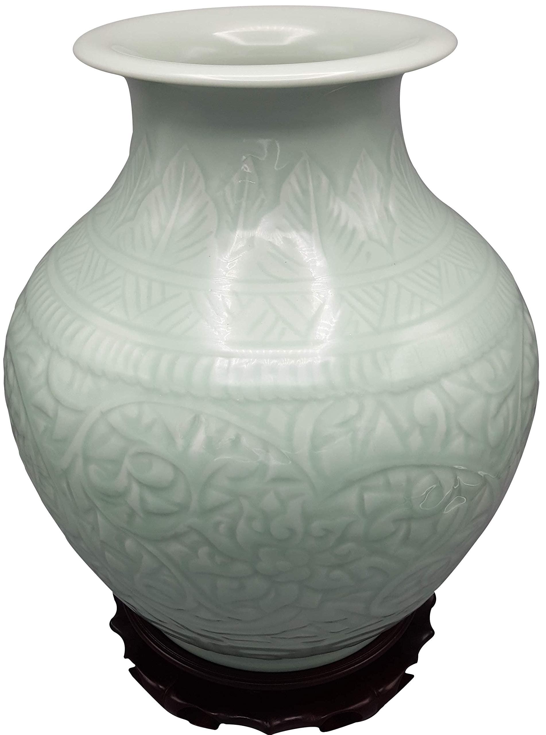 Oriental Furniture Warehouse Celadon Vase Wide Mouth Carved Floral