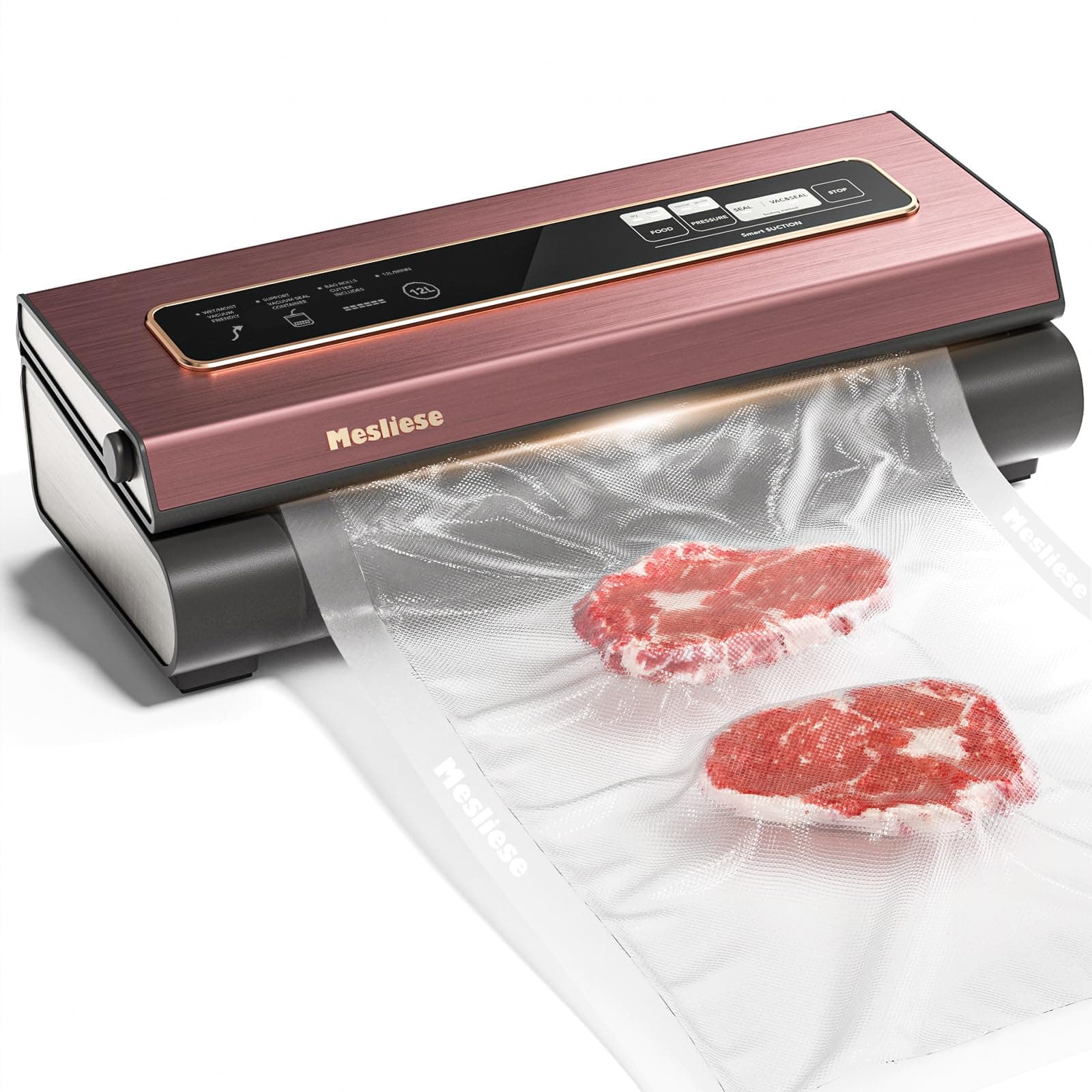 Mesliese Vacuum Sealer Machine Powerful 90Kpa Precision 6-in-1 Compact Vacuum Food Preservation System Built-in Cutter, 2 Bag Rolls & 5 Pre-cut Bags, Dry&Moist Modes Smart Suction, ETL Listed (Pink)