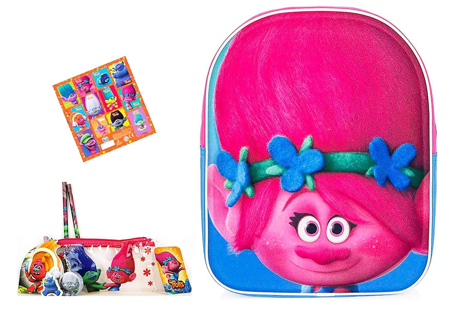 Super Trolls Set - Poppy 3D Children's Rucksack Kita Bag Approx. 25 x 31 x 10 cm + 6 Pieces Trolls Pencil Case + 12 Trolls Stickers