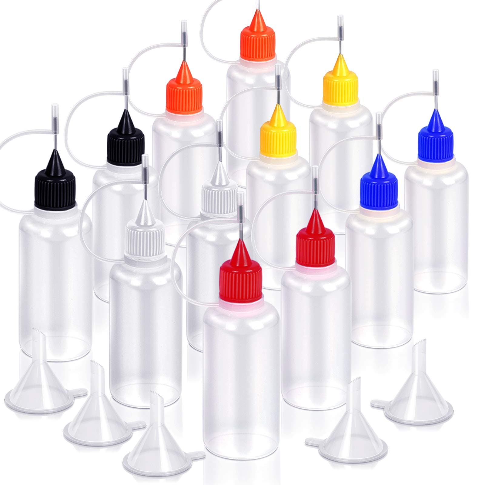 12pcs Precision Tip Applicator Bottles with 5 Mini Funnels, YGDZ 30ml Needle Tip Squeeze Glue Bottles for Paint Quilling Craft, 6 Colors