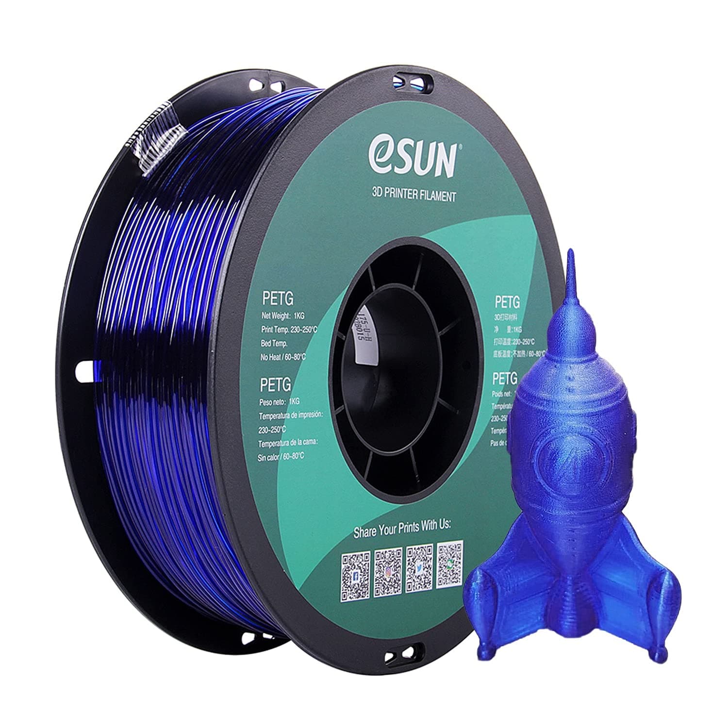 eSUN PETG Filament 1.75mm, 3D Printer Filament PETG, Dimensional Accuracy +/- 0.05mm, 1KG Spool (2.2 LBS) 3D Printing Filament for 3D Printers, Blue