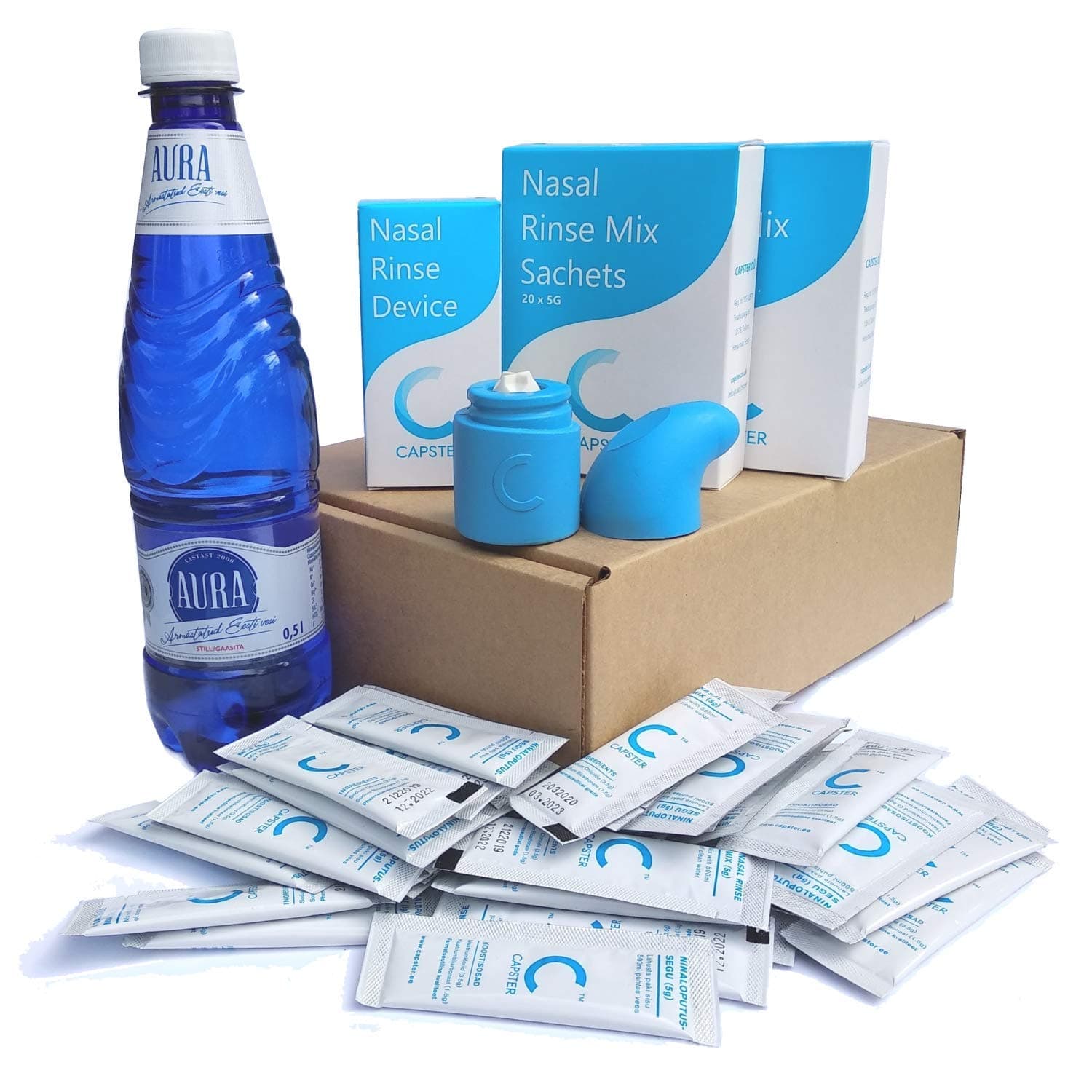 Sinus Rinse All-in-One Complete Kit (500ml) by Capster + 40x5g sachets | The Only 100% Silicone Nasal Irrigation System | Durable and Sterilizable | Made in EU | Great Alt. to Neti Pot, Neilmed