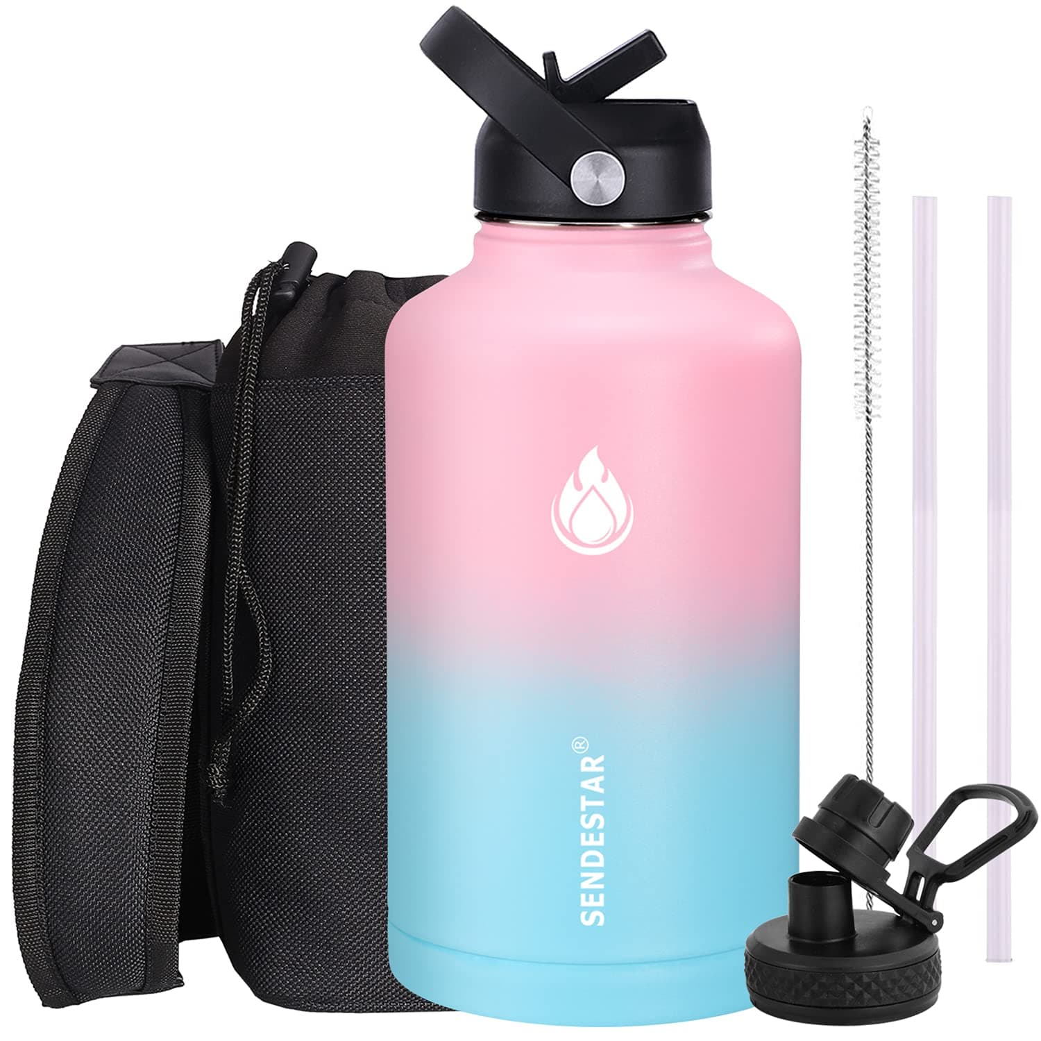 SENDESTAR Water Bottle 64oz Double Wall Vacuum Insulated Leak Proof Stainless Steel Sports Water Bottle—Wide Mouth with New Flex Straw Lid & Spout Lid (Peach&Light Blue)